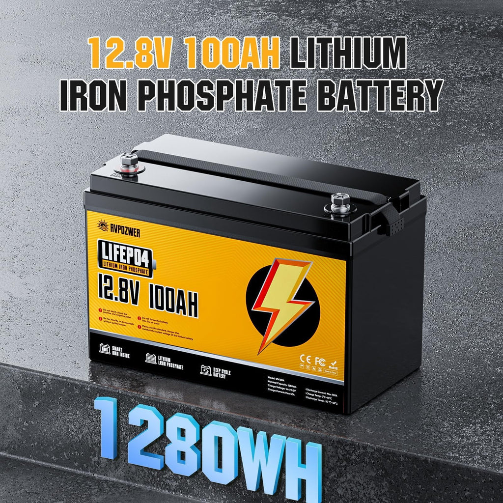 RVPOZWER 12V 100Ah LiFePO4 Lithium Battery, Built-in 120A BMS, 15000+ Deep Cycles, Group 31 Size for RV, Marine, Trolling Motor, Solar and Off-Grid Backup Power