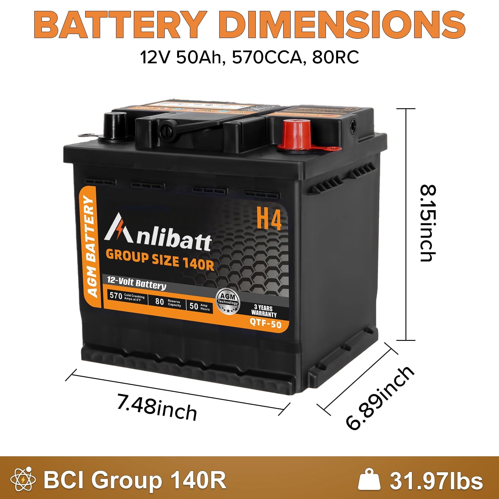 Anlibatt BCI Group 49 Battery, AGM 12 Volt Rechargeable Automotive Batteries for Car, H8 900CCA 95Ah 160RC Maintenance Free