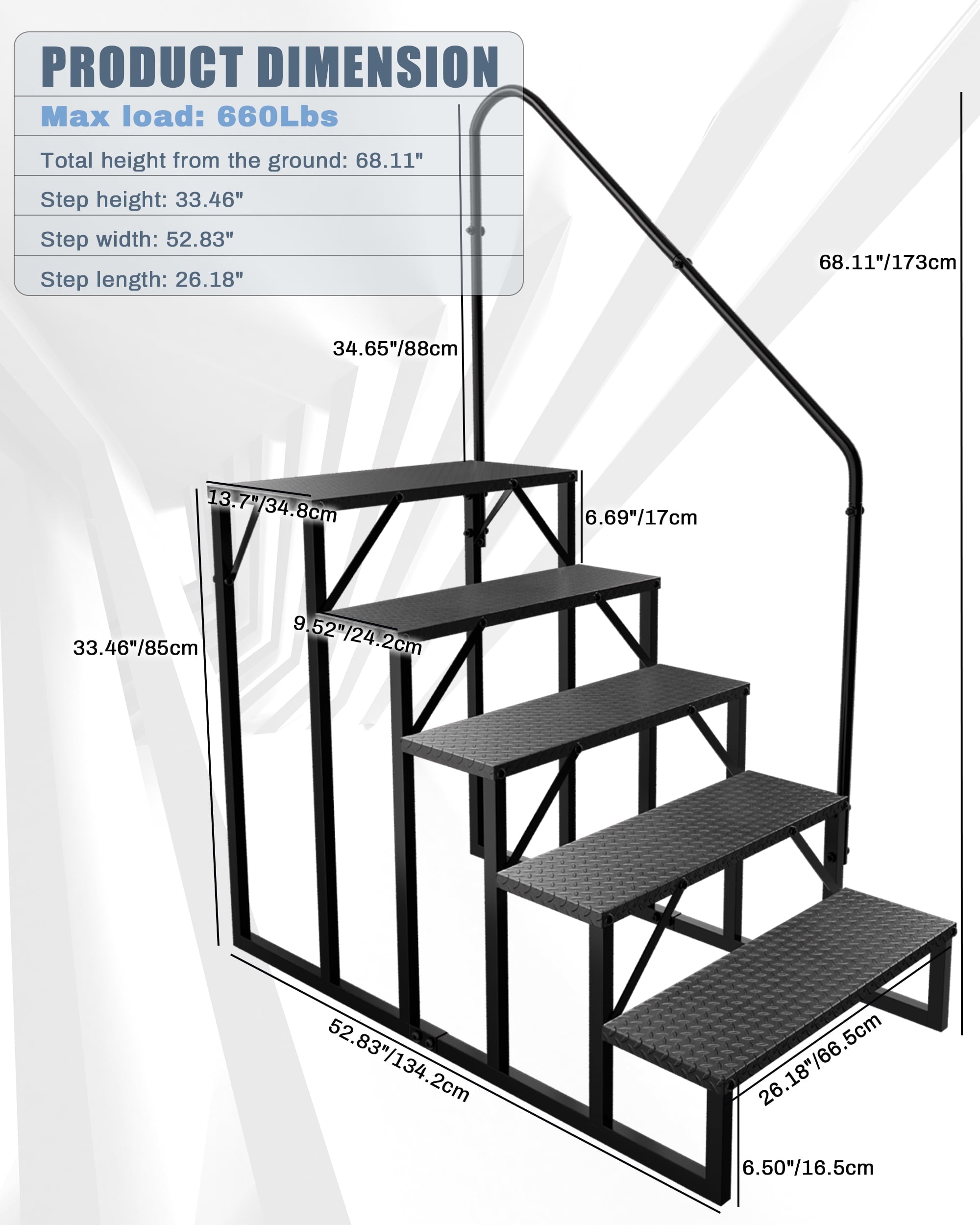 Fruyyzl Black 5 Step, 52.83 in x 68.11 in, Metal RV Steps, Anti-Slip with Wrenches