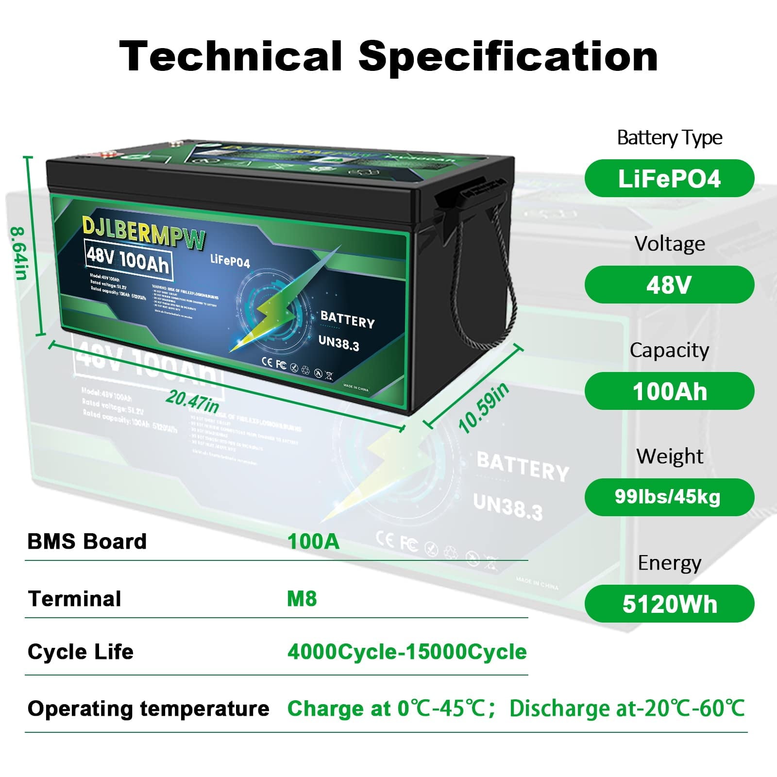 DJLBERMPW 48V 100Ah LiFePO4 Lithium Battery 5120Wh, Built-in Smart 100A BMS 15000 Deep Cycles Grade-A Cells for Golf Cart, Trolling Motor, Marine, RV, Solar