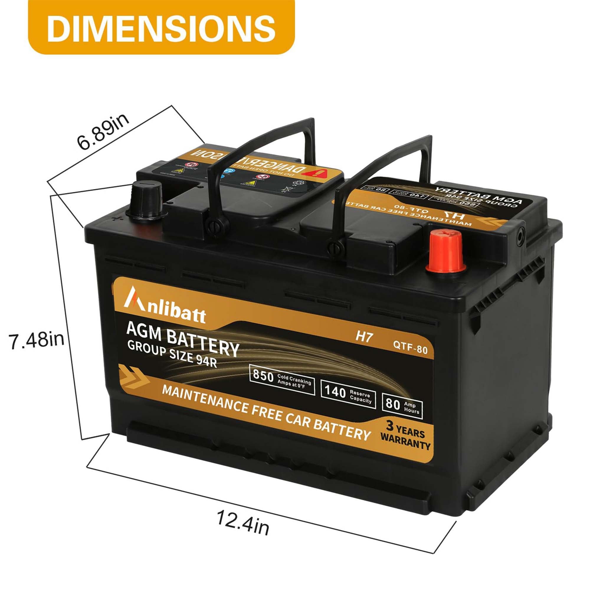 Anlibatt Platinum AGM Group 94R Battery, 12 Volt Rechargeable Automotive Batteries for Car, H7 850CCA 80Ah 140RC