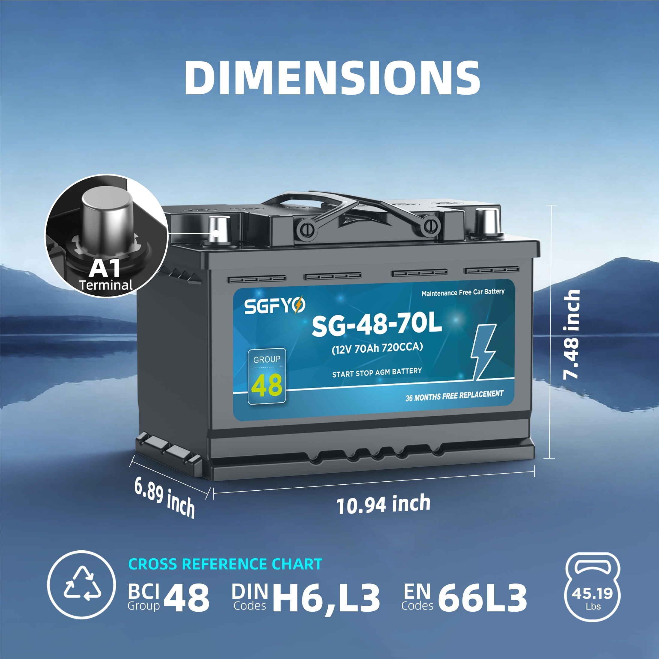 SGFYO Group Size 35 Car Battery,12V 55Ah 650CCA 88RC,AGM Maintenance Free Start Stop Automotive Replacement Battery