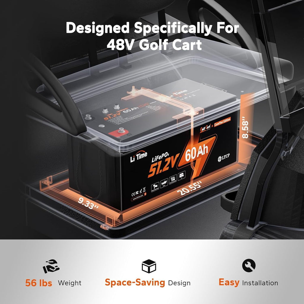 LiTime 48V 60Ah Lithium Golf Cart Battery, LiFePO4 Battery, Built-in Smart 120A BMS, Max 61.44kW Power Output, Perfect for Golf Carts like Club Car, EZGO, Yamaha
