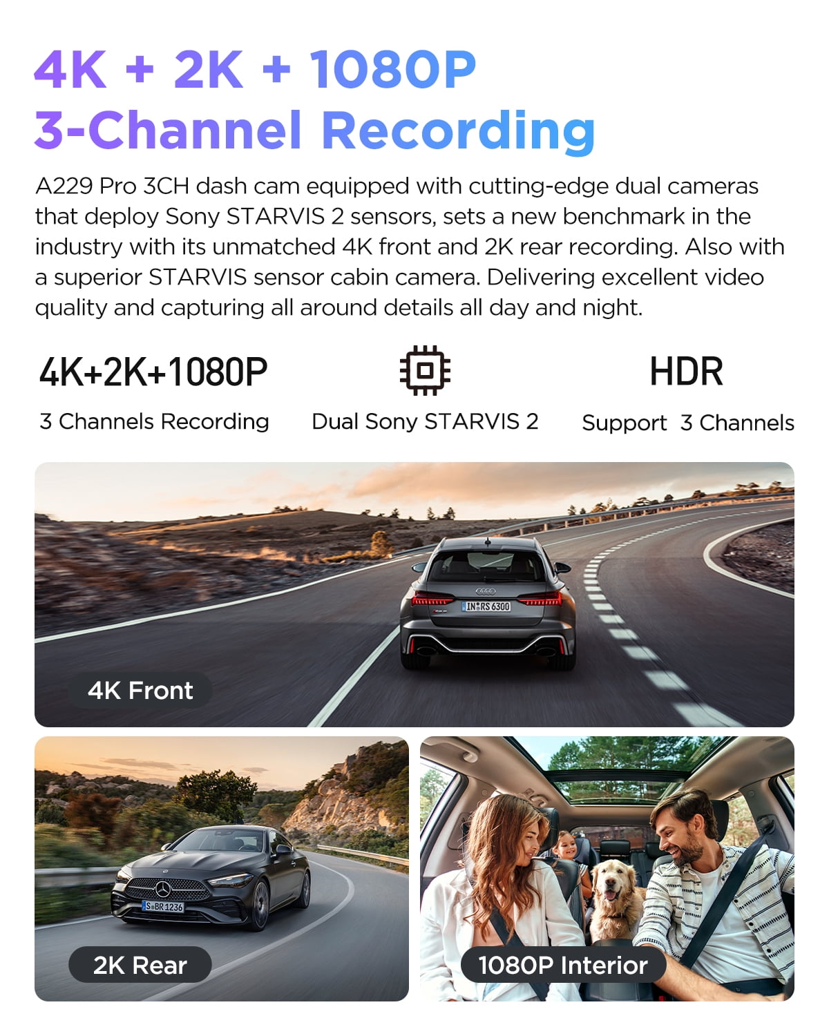 VIOFO A229 Pro 4K HDR Dash Cam, Dual STARVIS 2 IMX678 IMX675, 4K+2K Front and Rear Car Camera, 2 Channel with HDR, Voice Control, 5GHz WiFi GPS, Night Vision 2.0, 24H Parking Mode, Support 512GB Max