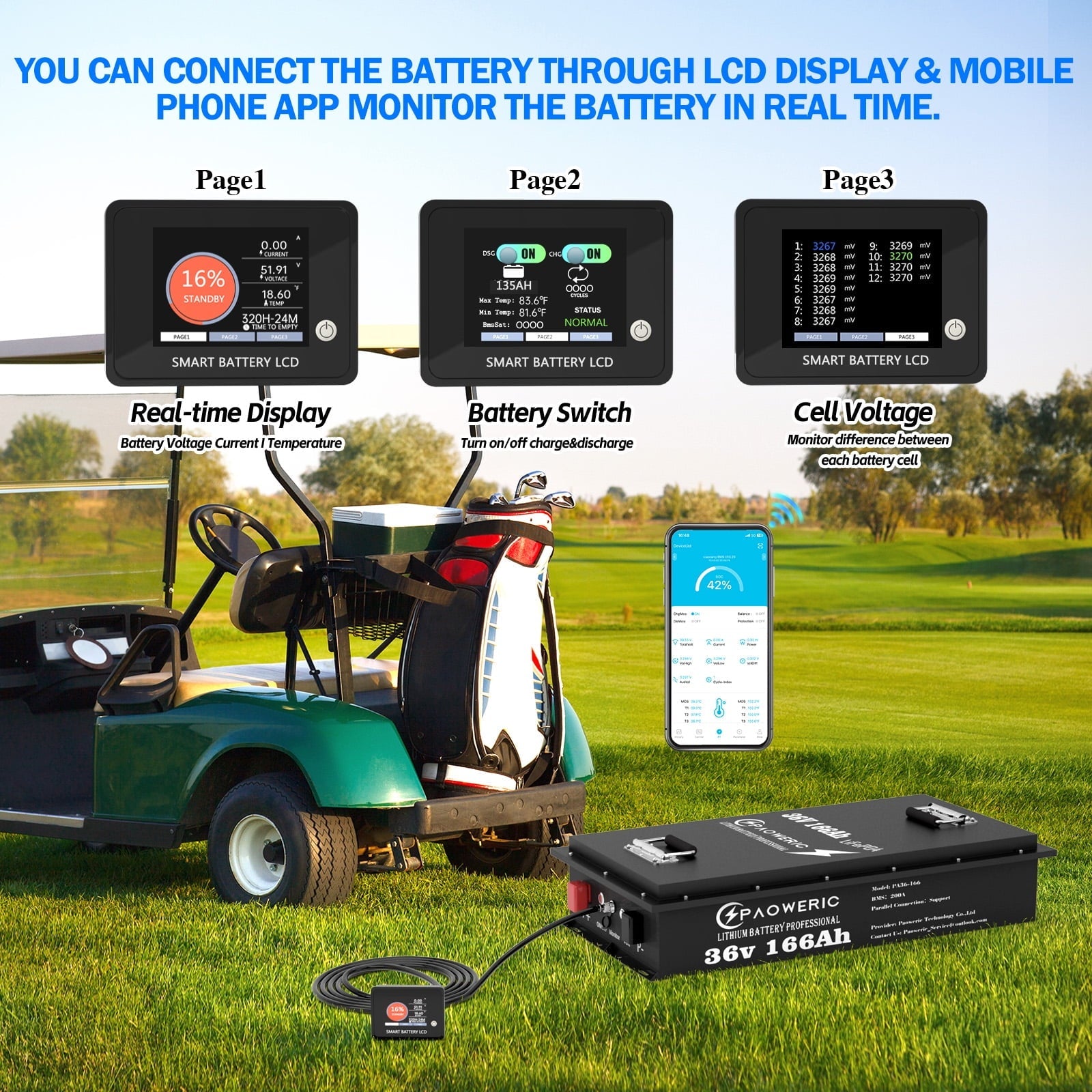 Paoweric 48V 100Ah LiFePO4 Lithium Golf Cart Battery with Charger, Perfect for Golf Cart, Trolling Motor