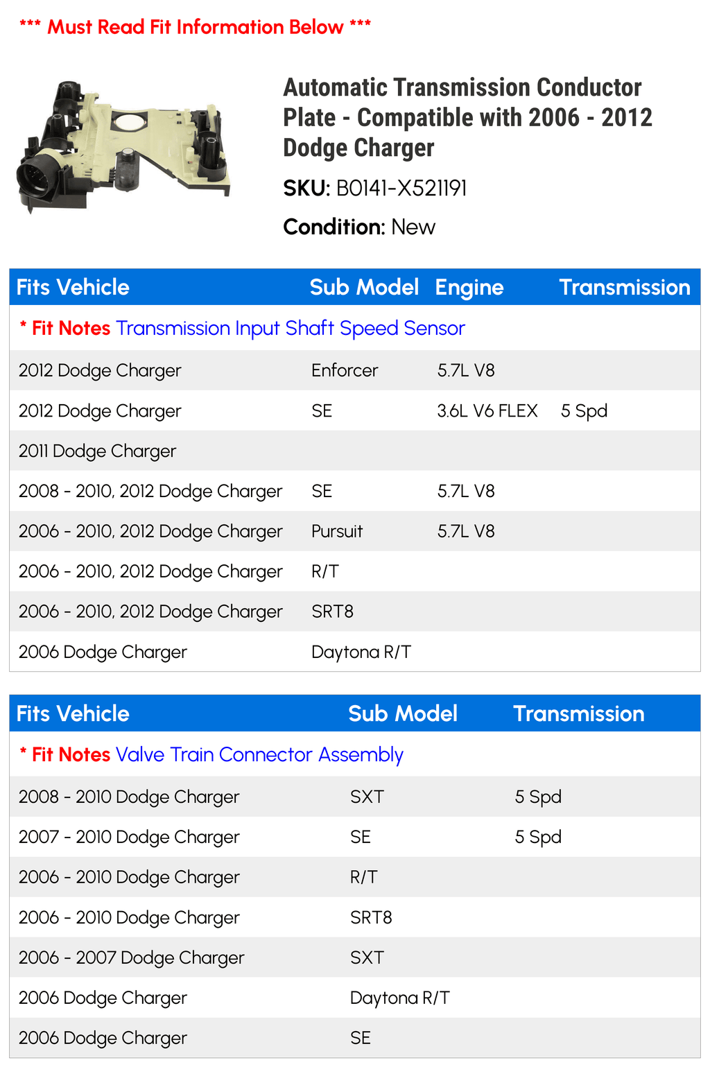 Automatic Transmission Conductor Plate - Compatible with 2006 - 2012 Dodge Charger 2007 2008 2009 2010 2011