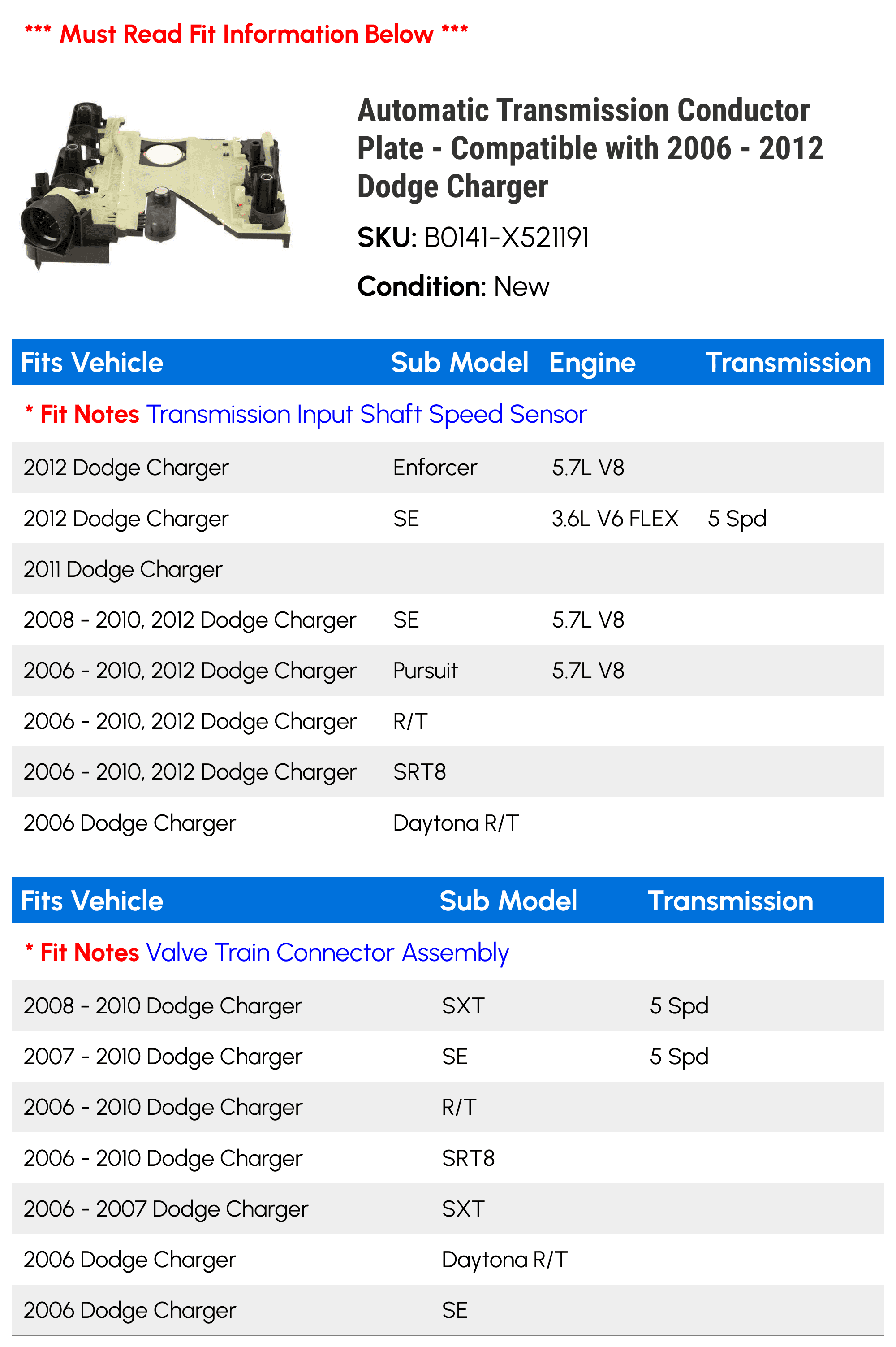 Automatic Transmission Conductor Plate - Compatible with 2006 - 2012 Dodge Charger 2007 2008 2009 2010 2011