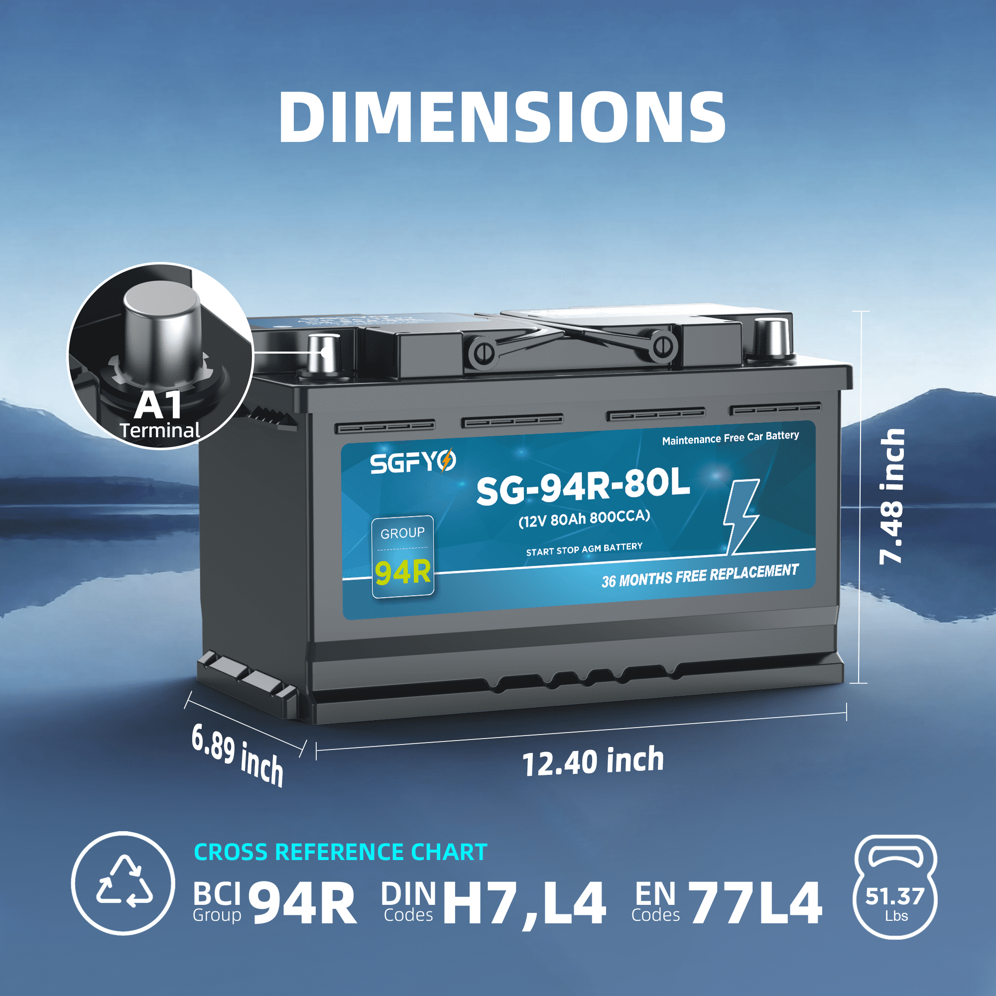 SGFYO Group Size 35 Car Battery,12V 55Ah 650CCA 88RC,AGM Maintenance Free Start Stop Automotive Replacement Battery