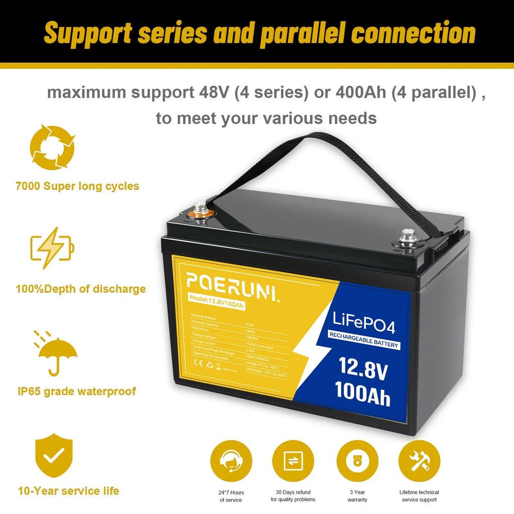 POERUNI 12V 100Ah LiFePO4 Battery Deep Cycle Lithium Iron for RV Solar System Camper