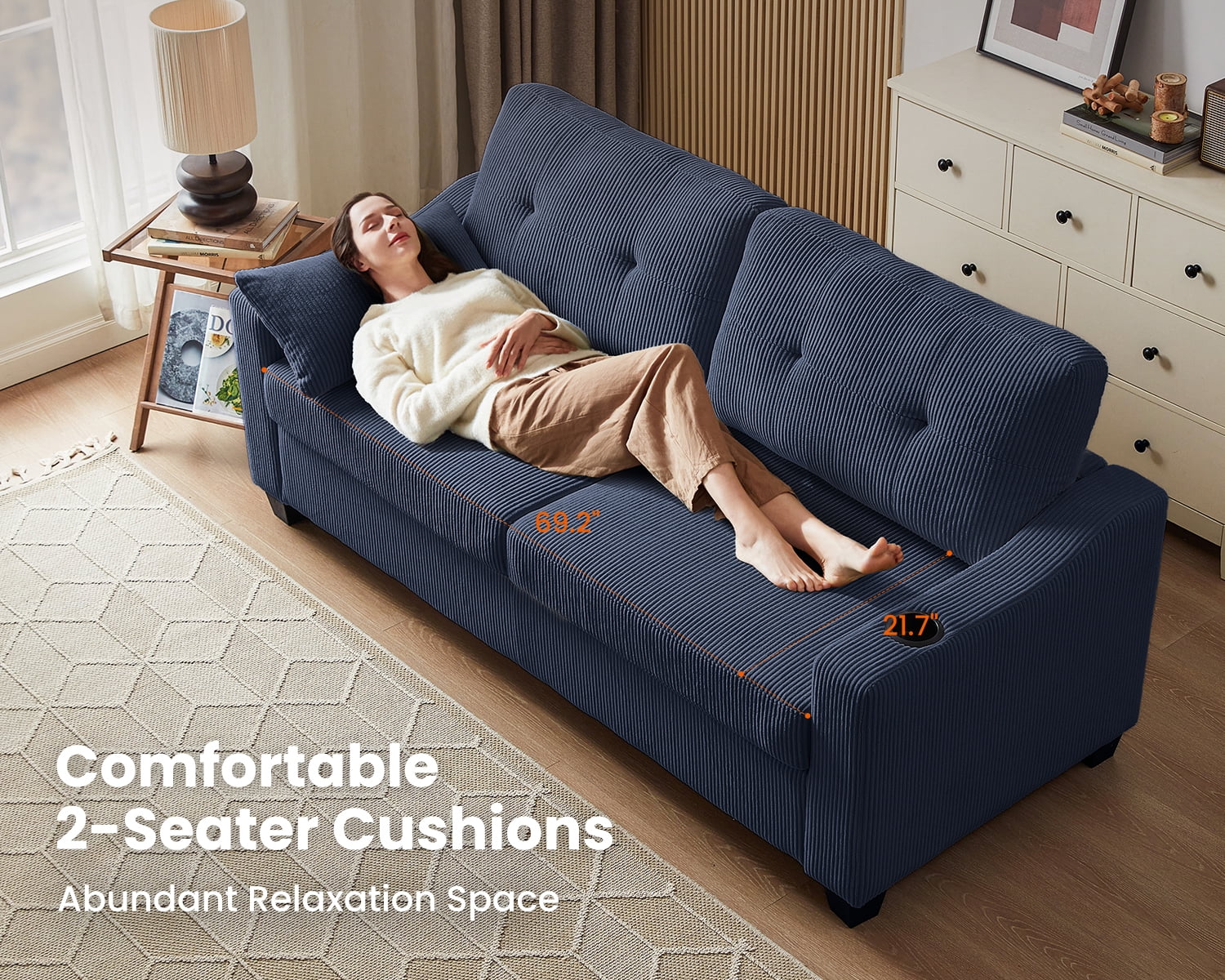 CHIC HOUSE Pull Out Sofa Bed Couch Queen Size with Mattress USB, Convertible Sleeper Sofa Loveseat for Small Spaces RV, Corduroy Pull Out Couch Bed for Living Room with Cup Holders LED Lights, Beige
