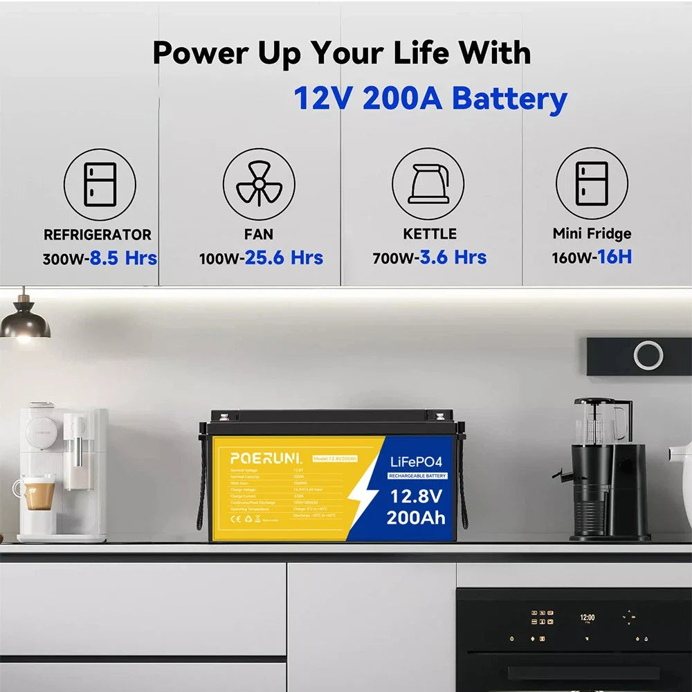 12V 200Ah Lithium LiFePO4 Battery 2560Wh Built-in BMS 15000 Deep Cycle Marine RV