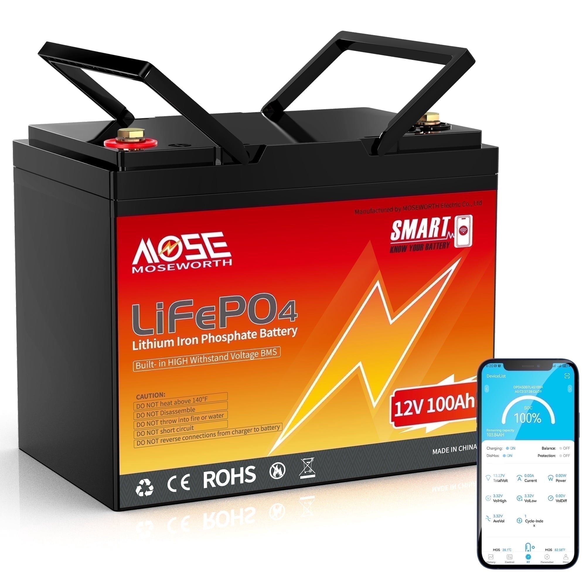 12V 100Ah Group 24 LiFePO4 Battery Bluetooth,MOSEWORTH for RV,Solar,Trolling Motors,Boat,Home Energy Storage,Buit in 100A BMS,15000+Deep Cycles Mini Lithium Battery
