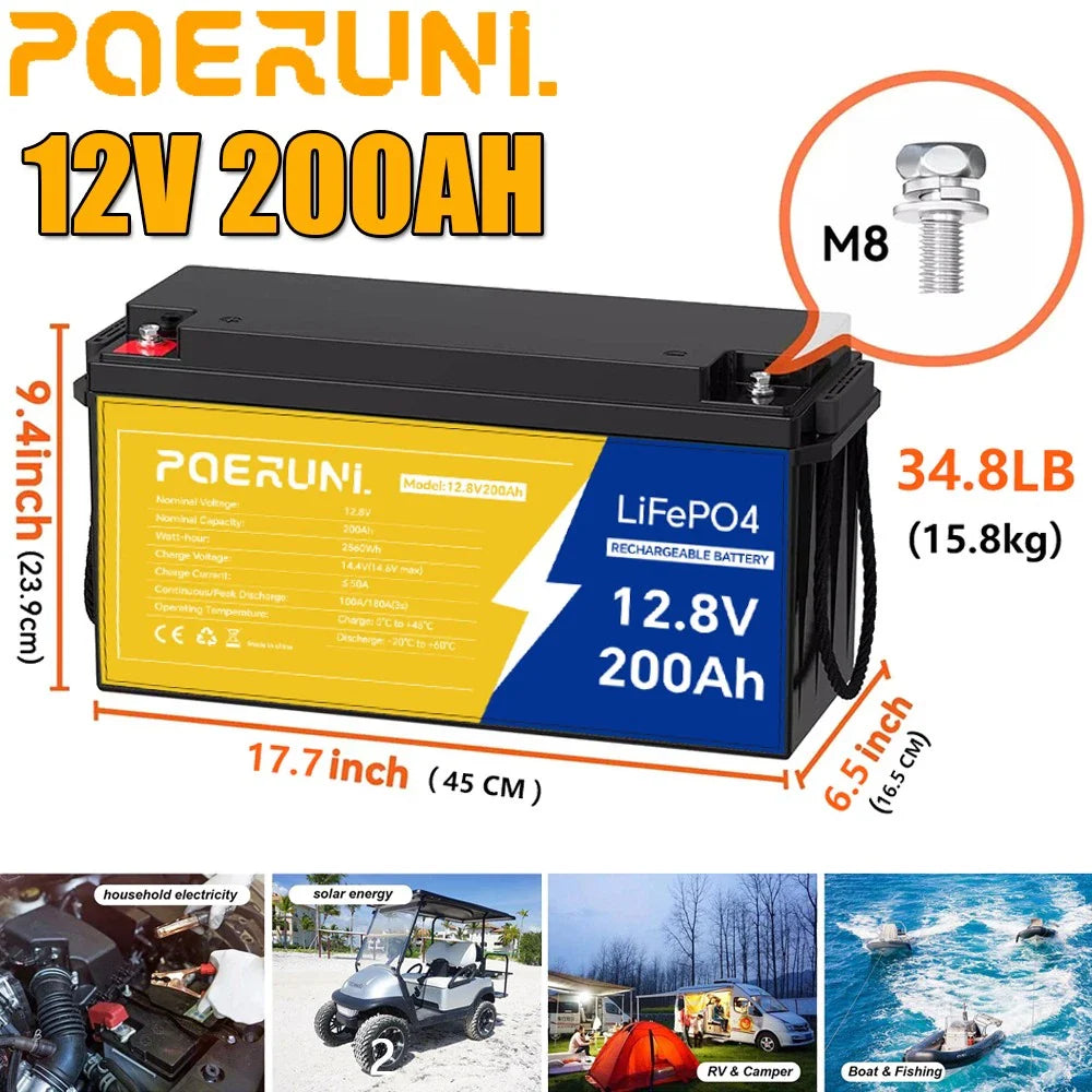 12V 200Ah Lithium LiFePO4 Battery 2560Wh Built-in BMS 15000 Deep Cycle Marine RV