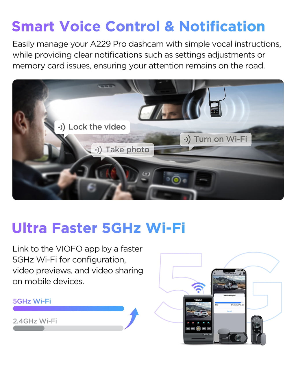 VIOFO A229 Pro 4K HDR Dash Cam, Dual STARVIS 2 IMX678 IMX675, 4K+2K Front and Rear Car Camera, 2 Channel with HDR, Voice Control, 5GHz WiFi GPS, Night Vision 2.0, 24H Parking Mode, Support 512GB Max