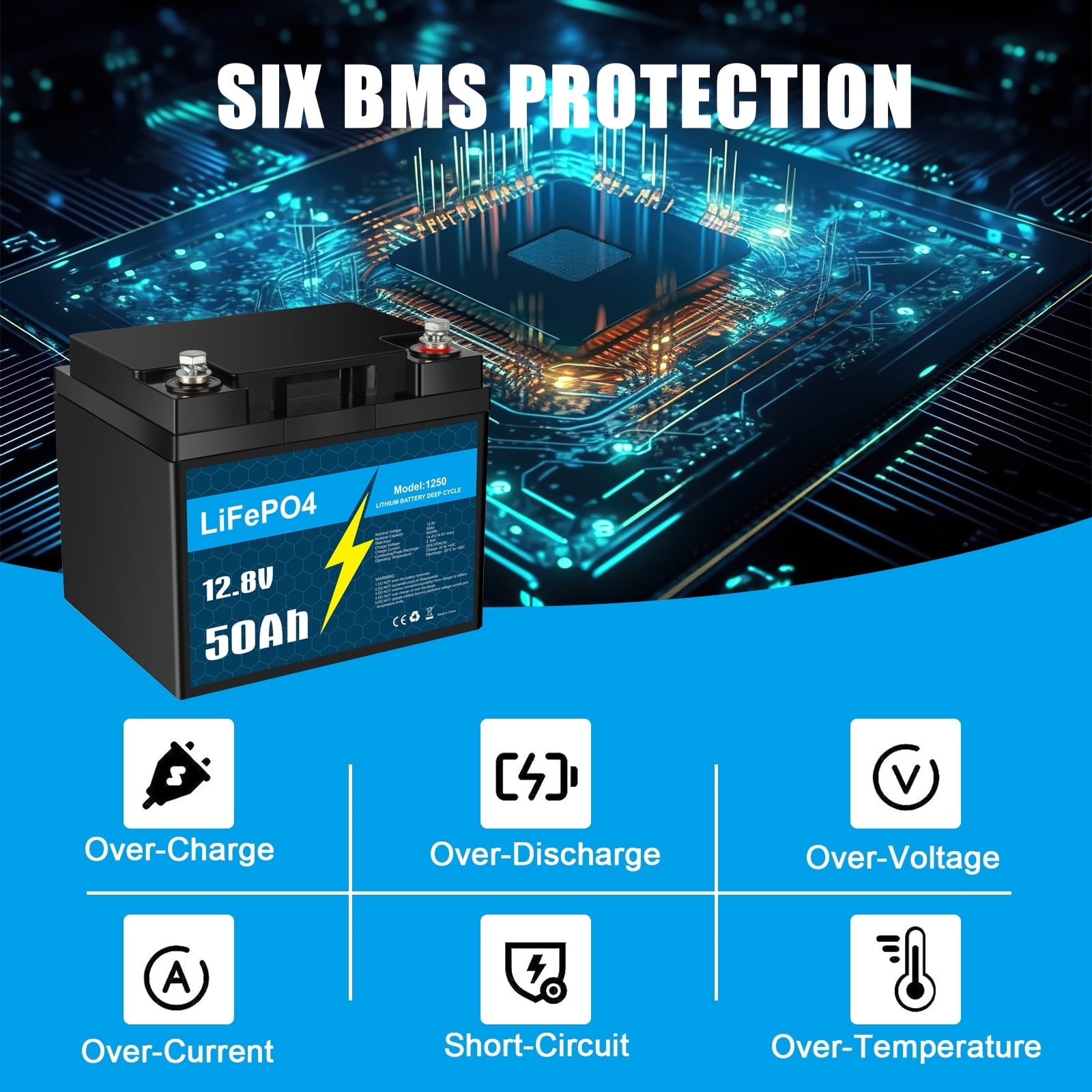 12V 50Ah LiFePO4 Lithium Battery with Smart BMS for RV, Solar, Trolling Motor