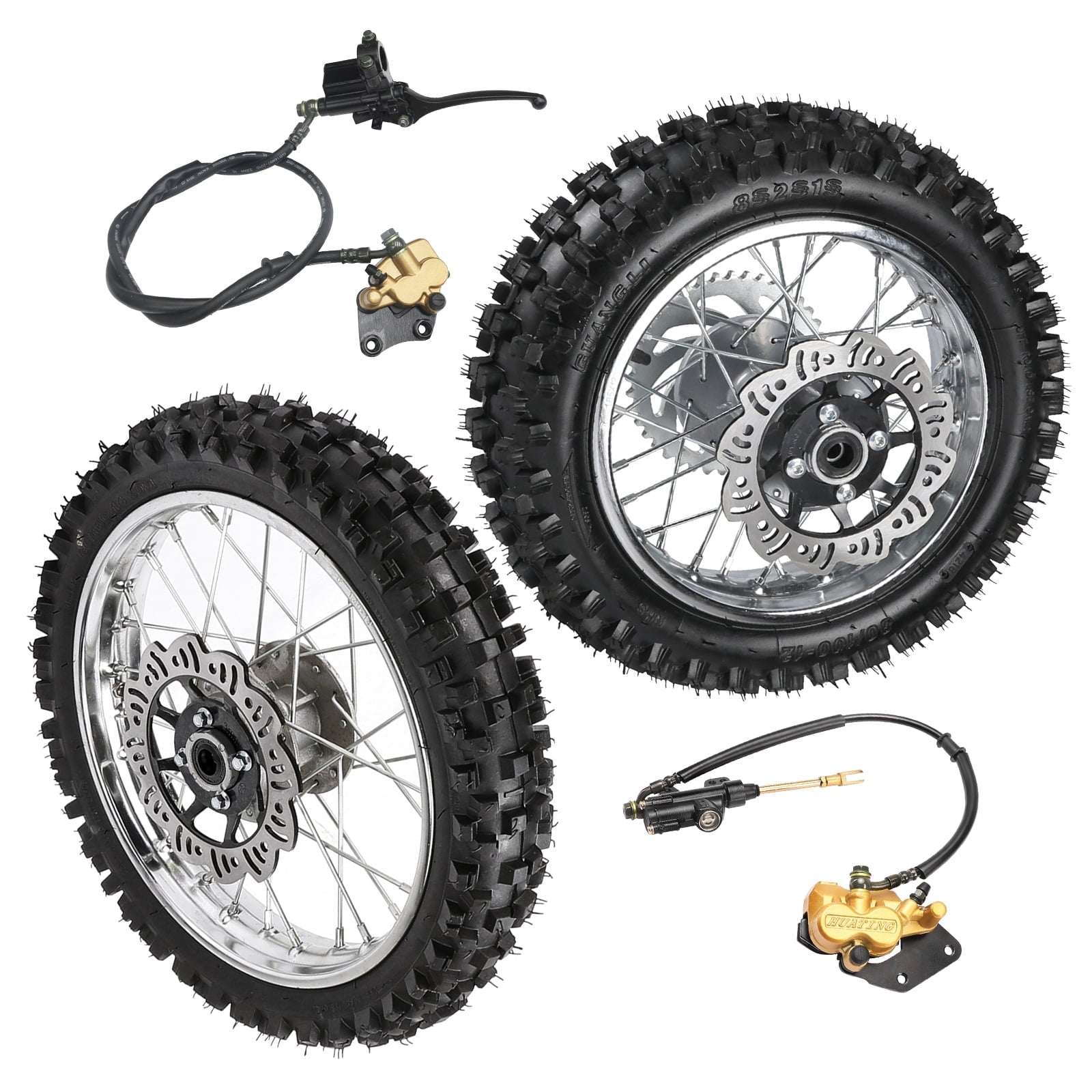 14 12 Complete Wheels Combo Front 60/100-14 + Rear 80/100-12 Wheel Rim 12mm Bearing + 420 Sprocket + Disc Brake Assembly for Dirt Pit Bike SSR Apollo Coolster 110cc 125cc XR70 KX65