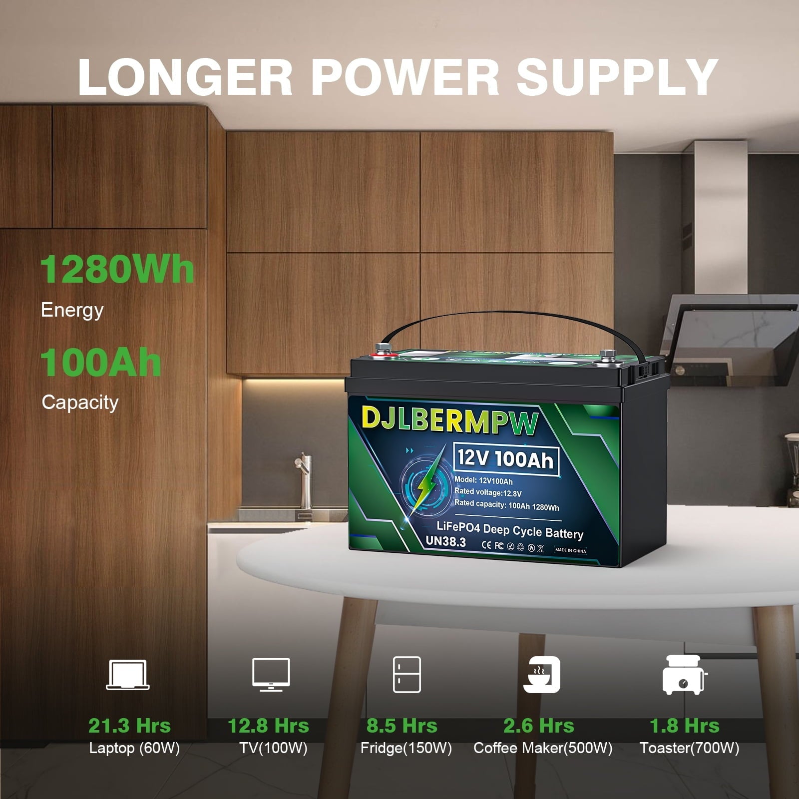 4Pack 12V 100Ah LiFePO4 Lithium Battery, DJLBERMPW 15000+ Deep Cycle Battery 100A BMS for 3HP Golf Cart, Marine, Backup Power, Solar System