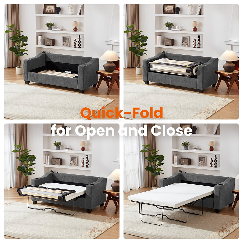 CHIC HOUSE Pull Out Sofa Bed Couch Queen Size with Mattress USB, Convertible Sleeper Sofa Loveseat for Small Spaces RV, Corduroy Pull Out Couch Bed for Living Room with Cup Holders LED Lights, Beige
