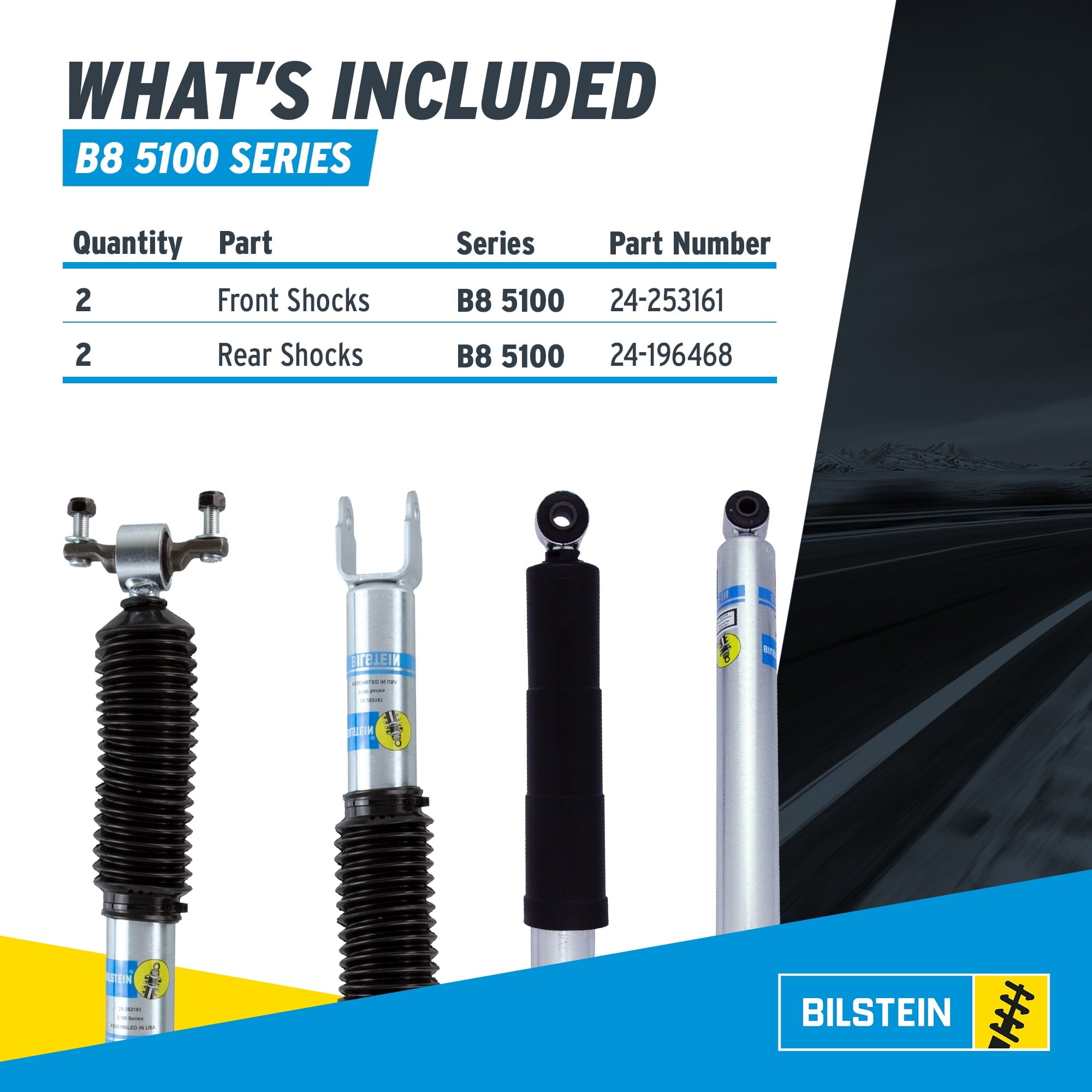 Bilstein Set of Front and Rear B8 5100 Series Shocks with Steering Stabilizer Compatible with 2011-2016 Silverado / Sierra 2500 / 3500 HD with 1.5 Front & 0-1 Rear Lift