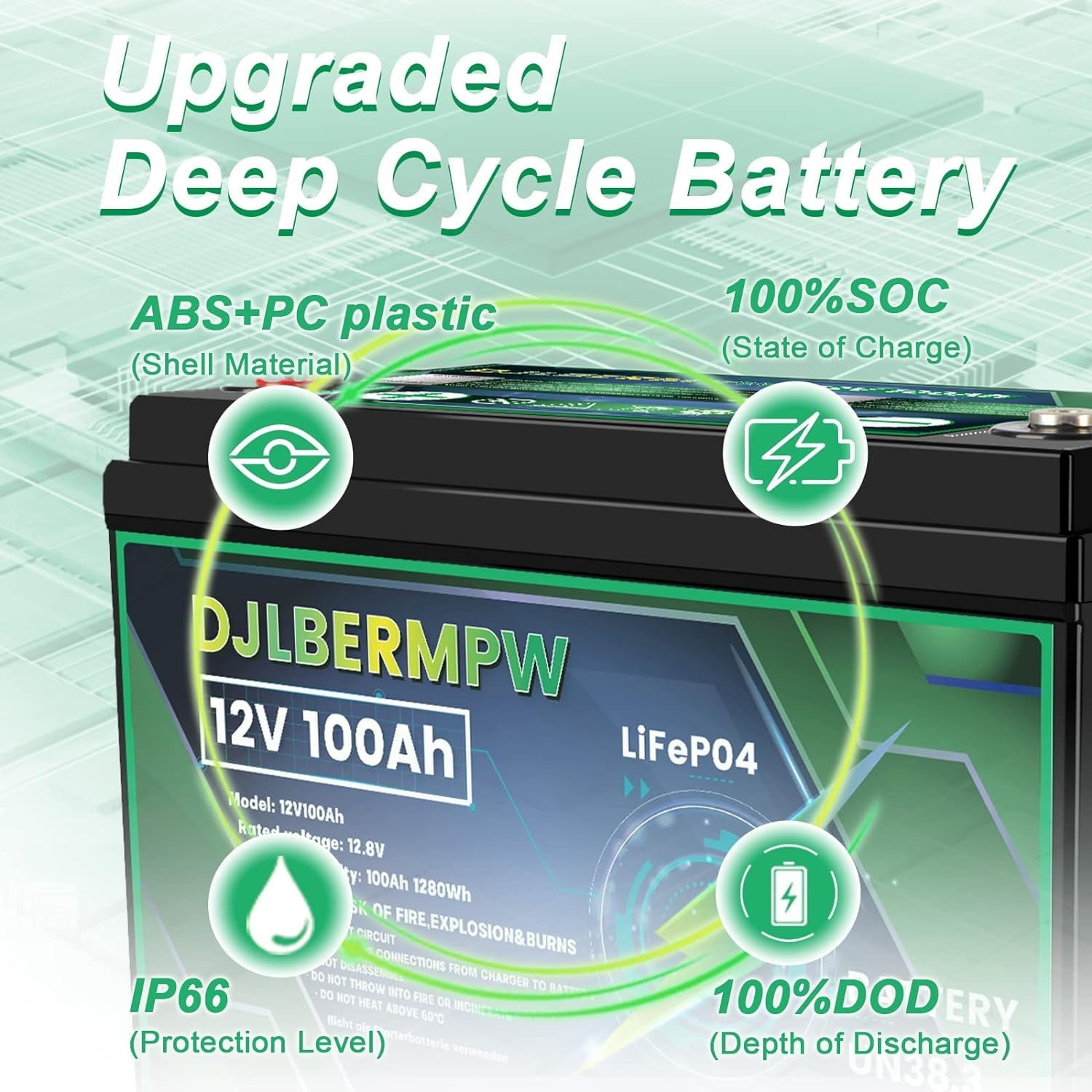 4Pack 12V 100Ah LiFePO4 Lithium Battery, DJLBERMPW 15000+ Deep Cycle Battery 100A BMS for 3HP Golf Cart, Marine, Backup Power, Solar System