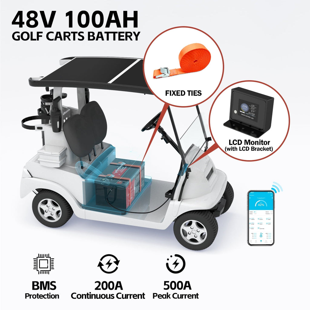 48V 100Ah LiFePO4 Lithium Battery,200A BMS,10000+ Deep Cycle Lithium Iron Phosphate Battery Great for Golf Cart, RV, Marine and Off Grid Applications