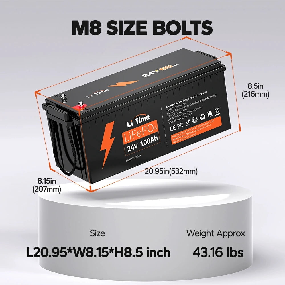 LiTime 24V 100Ah LiFePO4 Lithium Battery, 4000+ Deep Cycle, Built-in 100A BMS for RV, Trolling Motor, Marine, Solar, Off-grid