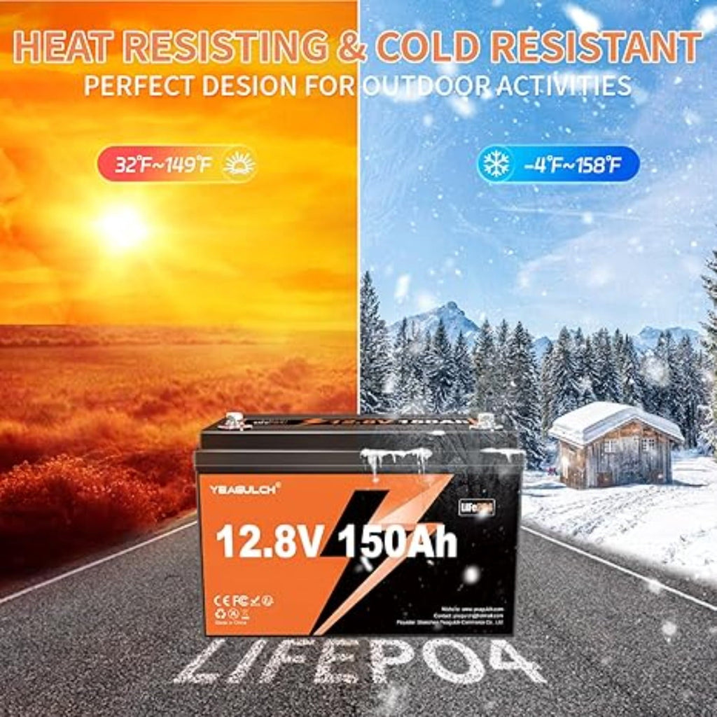 12V 150Ah LiFePO4 Lithium Battery Built-in 100A BMS 1920Wh 15000+ Deep Cycle Rechargable Low Temp Cut Off Battery for Camping, Solar, RV, Marine, Off-Grid Applications