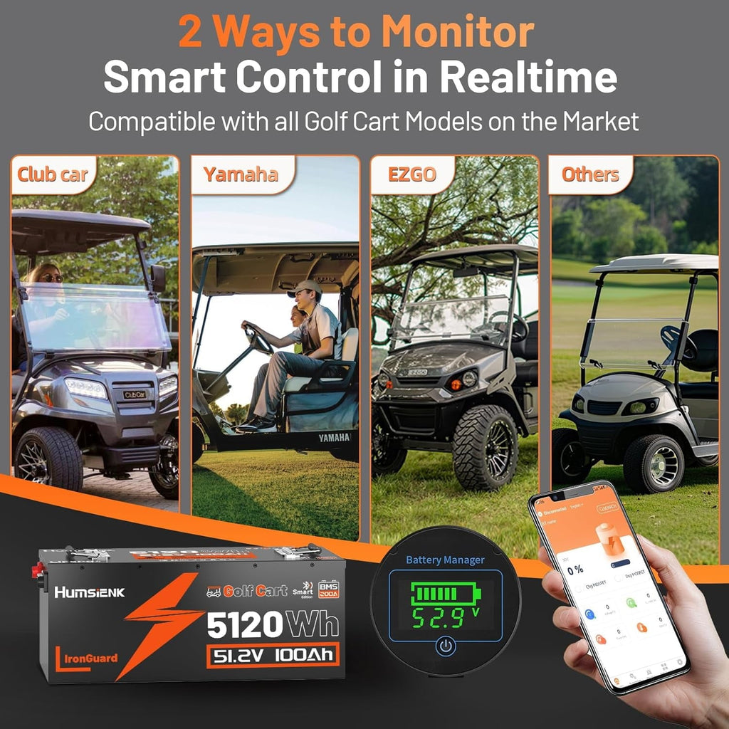 HumsiENK 48V 100Ah Lithium Golf Cart Battery Bluetooth, Cylindrical Cell & Metal Case, 15000+ Cycles Golf Cart LiFePO4 Battery, 200A BMS with Low-Temp Protection for Golf Cart, Solar, RV, Off-Grid