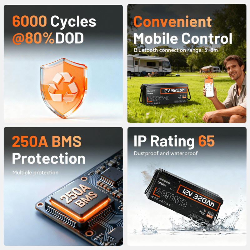 HumsiENK Bluetooth 12V 320Ah Lithium Battery, 300Ah(320Ah) LiFePO4 Battery for RV, Solar Power Storage, Off-Grid, 250A BMS, 4096Wh, 15000+Cycles LiFePO4 Lithium Battery, IP65 & Low Temp Protection
