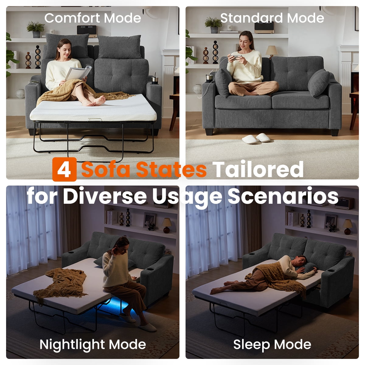 CHIC HOUSE Pull Out Sofa Bed Couch Queen Size with Mattress USB, Convertible Sleeper Sofa Loveseat for Small Spaces RV, Corduroy Pull Out Couch Bed for Living Room with Cup Holders LED Lights, Beige