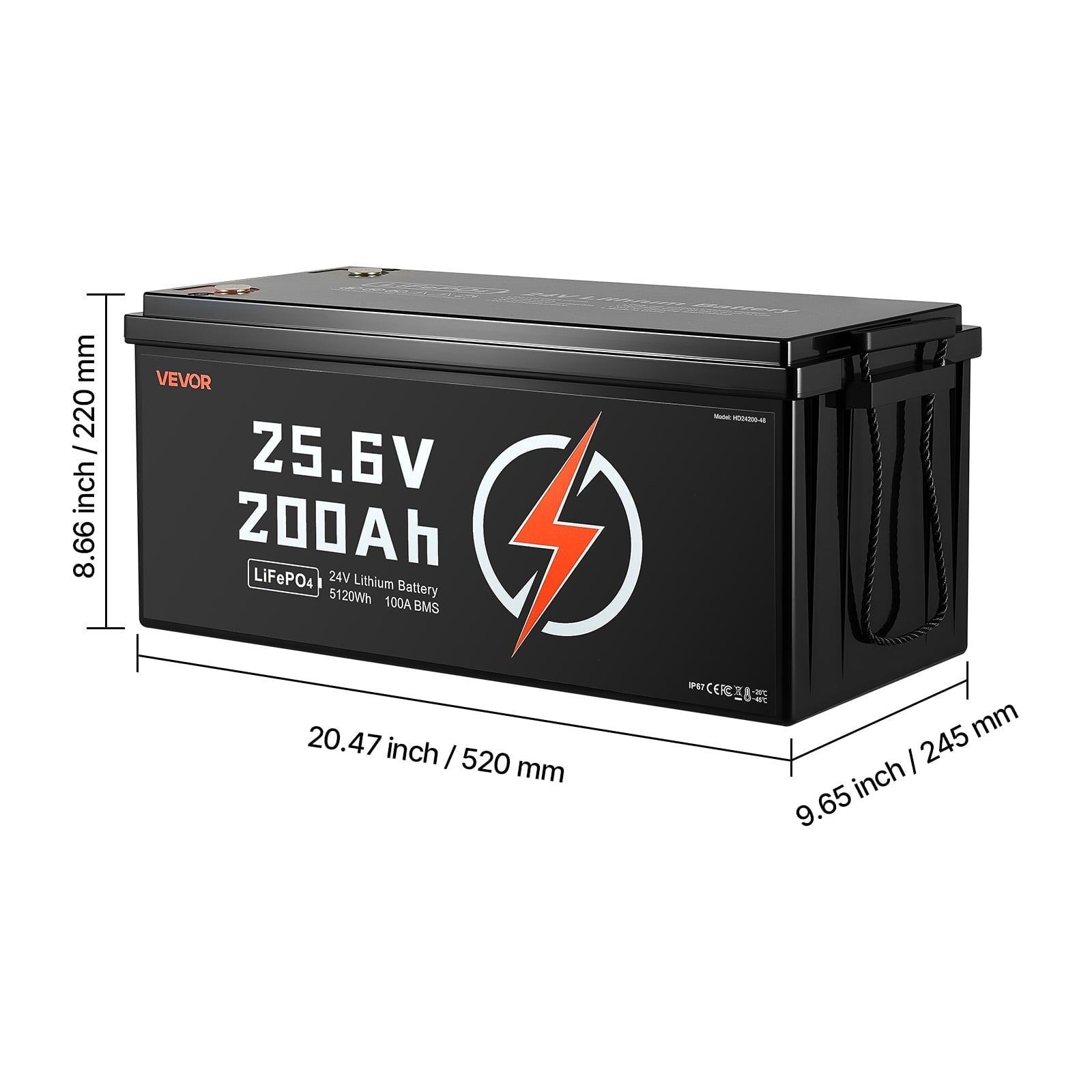 VEVOR 24V 200Ah LiFePO4 Lithium Battery, Built-in 100A BMS, Deep Cycle Lithium Rechargeable Battery with Low Temperature Protection, 4000+ Cycles, Max. 5120Wh, for RV, Camper, Trolling Motors, Marine