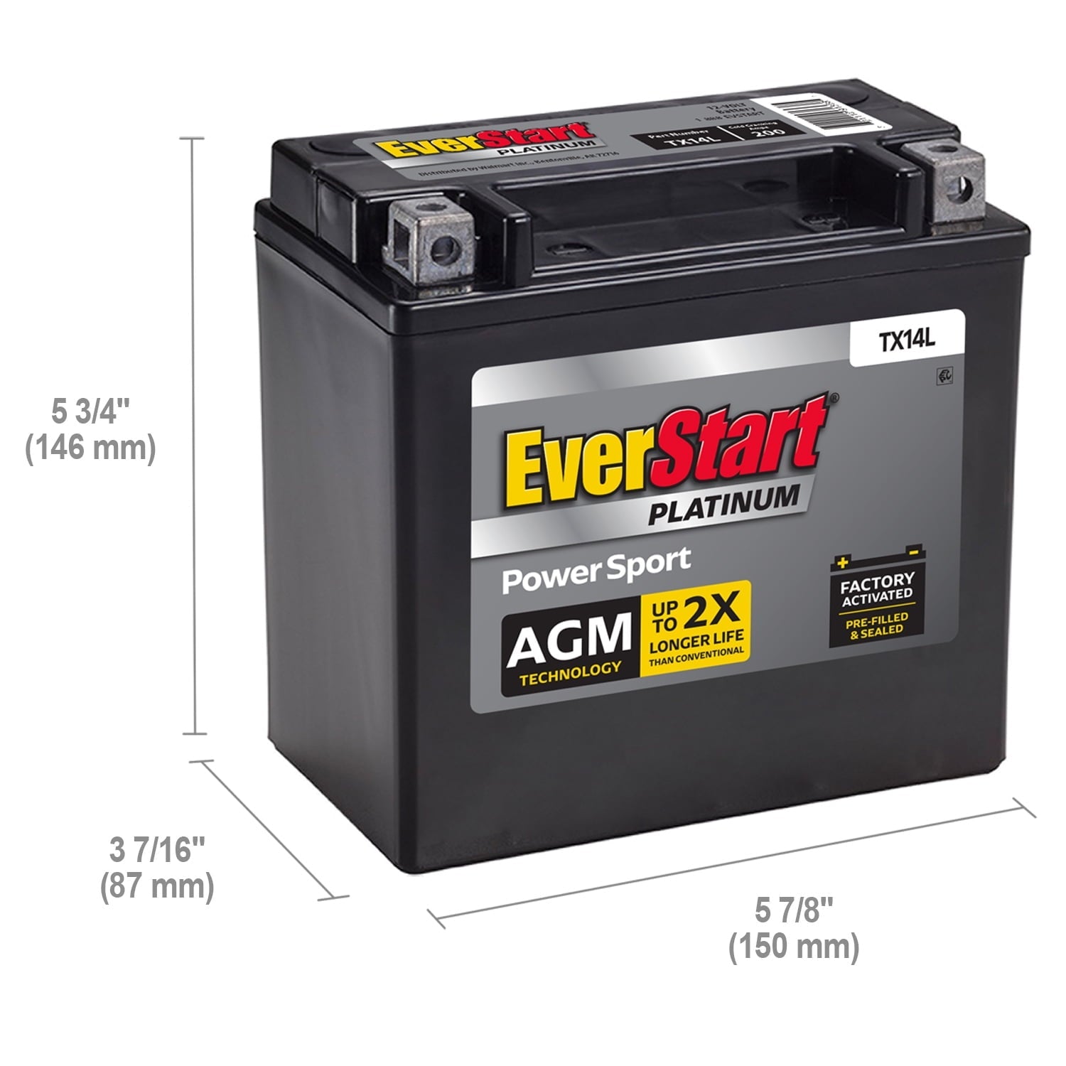 EverStart Platinum AGM Power Sport Battery, Group Size TX14L 12 Volt, 200 CCA