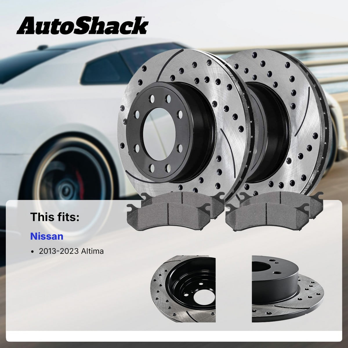 AutoShack Front & Rear Brake Rotors & Ceramic Pads for Nissan, Altima 2013-2023, AWD FWD L4 2.0L 2.5L V6 3.5L - E-Coated Drilled & Slotted - ShadowGuard