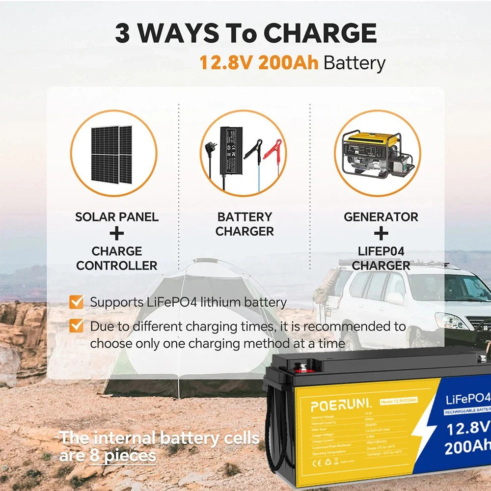 12V 200Ah Lithium LiFePO4 Battery 2560Wh Built-in BMS 15000 Deep Cycle Marine RV
