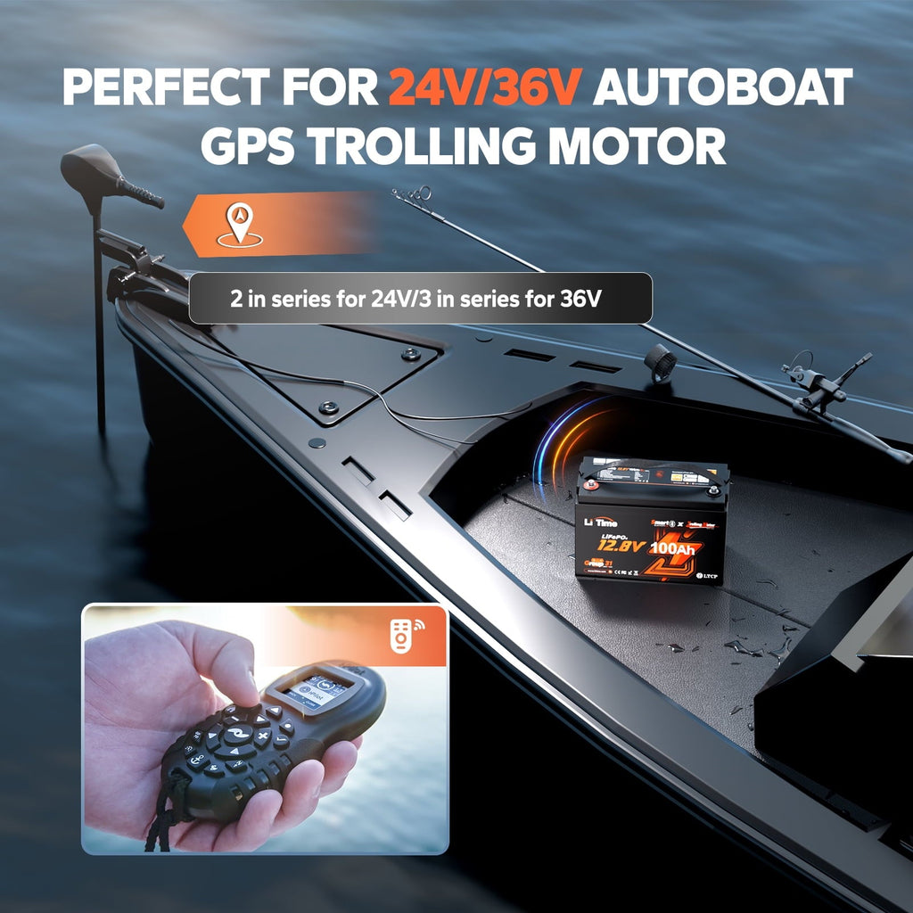 LiTime 12V 100Ah TM Bluetooth Lithium LiFePO4 Battery Low Temp Protection 1280W for Trolling Motor