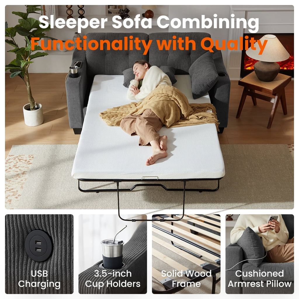 CHIC HOUSE Pull Out Sofa Bed Couch Queen Size with Mattress USB, Convertible Sleeper Sofa Loveseat for Small Spaces RV, Corduroy Pull Out Couch Bed for Living Room with Cup Holders LED Lights, Beige