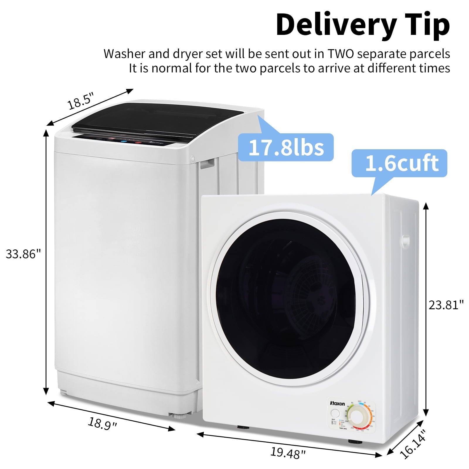 Ktaxon 17.8LBS Full Automatic Washing Machine and 3.5CuFt Portable Clothes Dryer Set, Compact Laundry Washer and Dryer Combo Set with Stainless Steel Inner Tub, for Apartment, Dorms, Home