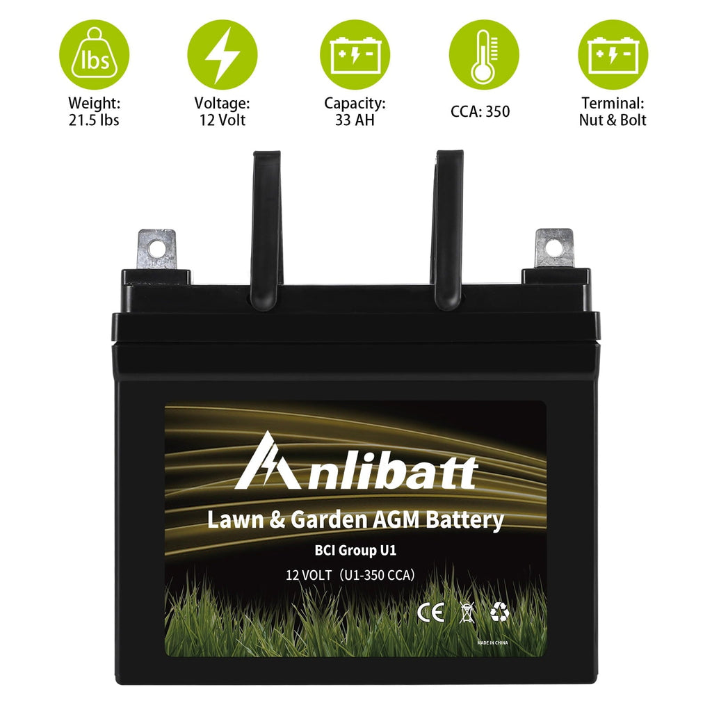 ANLIBATT Lawn Mower Battery AGM Group Size U1 12 Volt 320 CCA BMS Sealed Lead Acid Batteries for John Deere Cub Cadet Garden Tractor Lawnmower