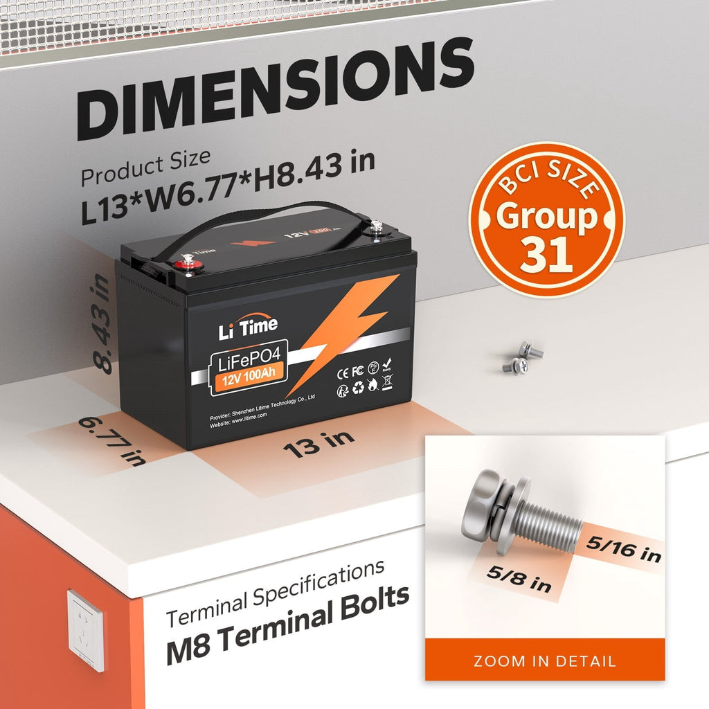 LiTime 12V 100Ah Lithium Battery, Group 31 LiFePO4 Battery, 4000+ Deep Cycles with BMS Protection, Perfect for RV, Travel Trailers, Solar, Off-Grid and Home Backup
