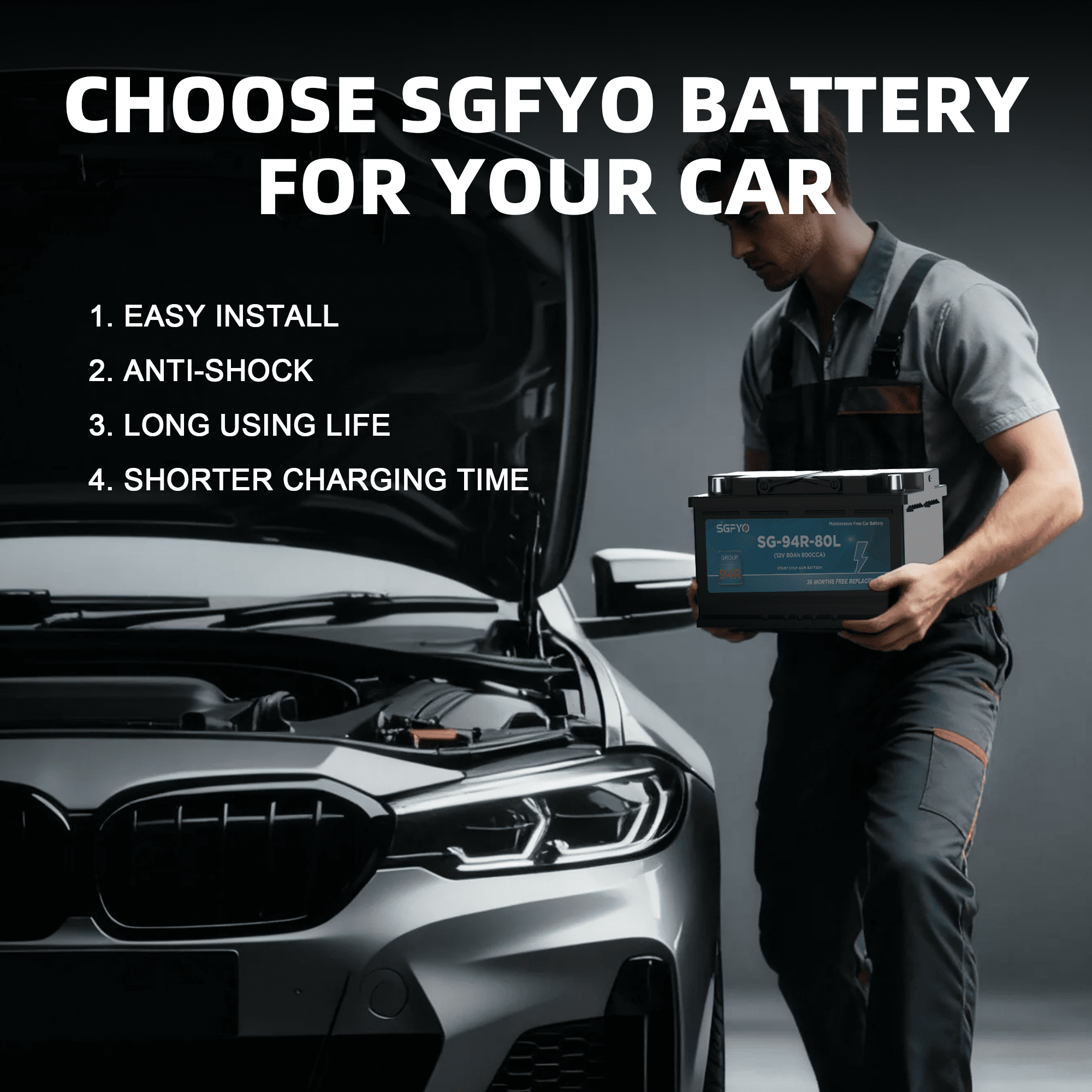 SGFYO Group Size 35 Car Battery,12V 55Ah 650CCA 88RC,AGM Maintenance Free Start Stop Automotive Replacement Battery