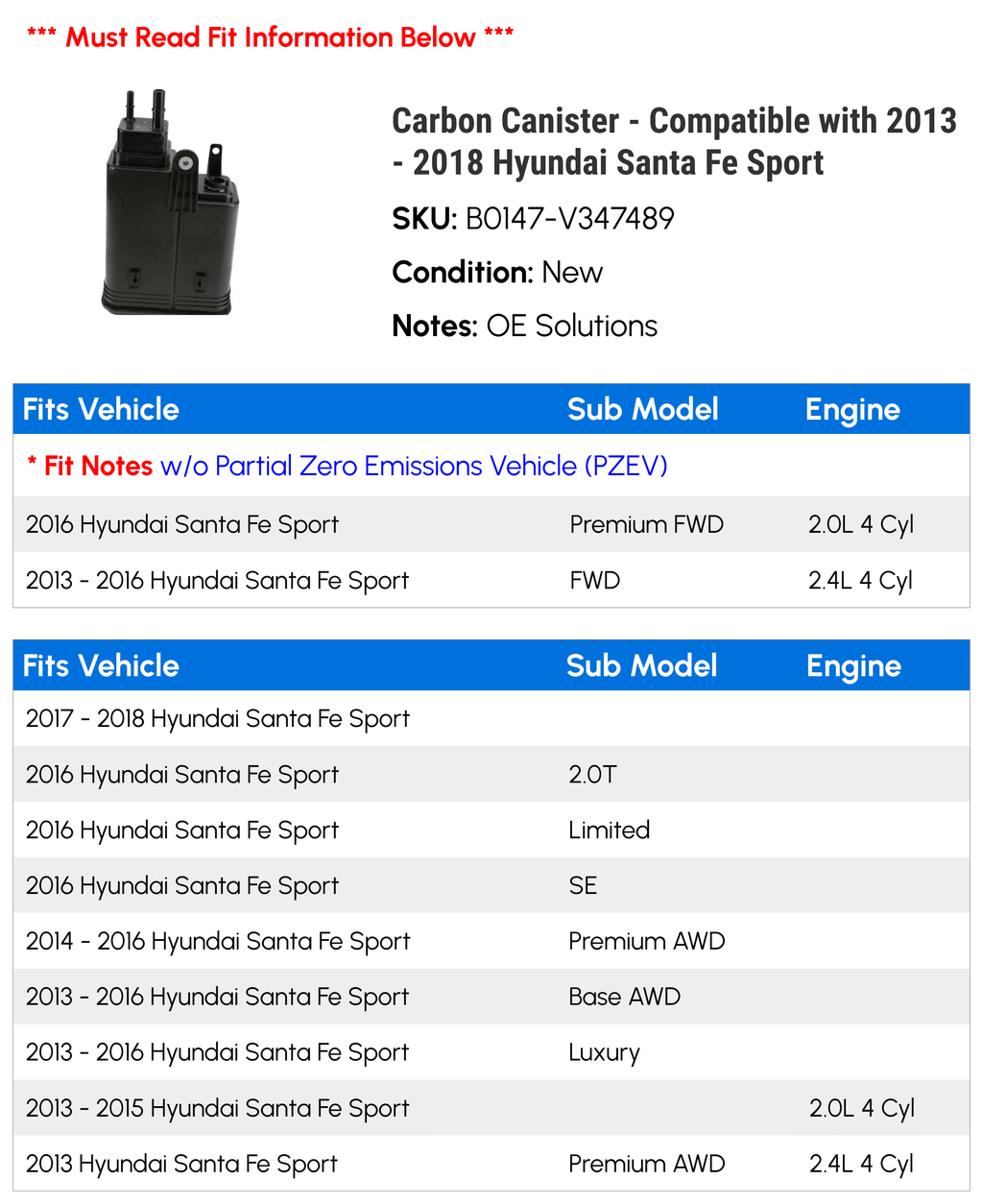 Carbon Canister - Compatible with 2013 - 2018 Hyundai Santa Fe Sport 2014 2015 2016 2017