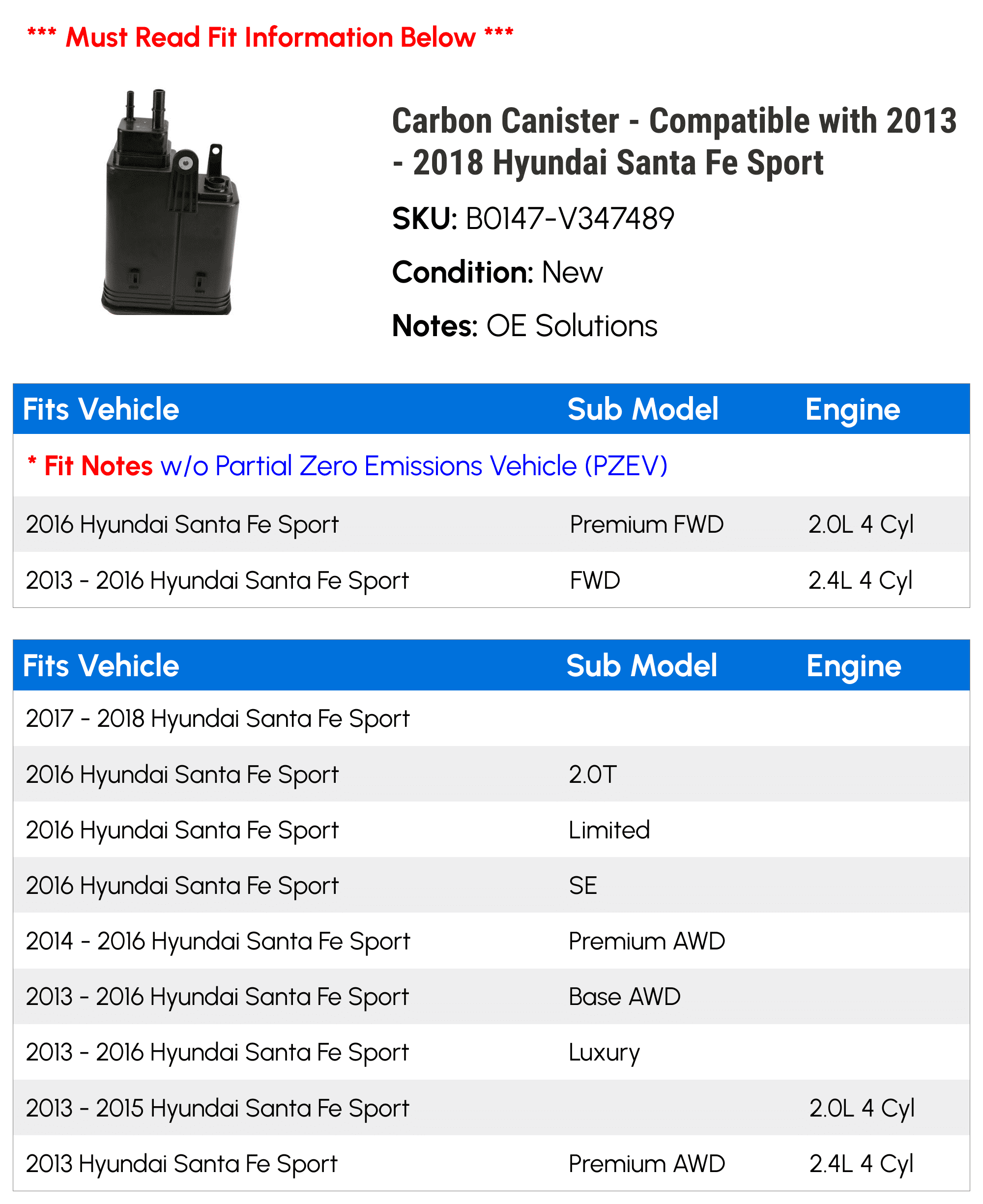 Carbon Canister - Compatible with 2013 - 2018 Hyundai Santa Fe Sport 2014 2015 2016 2017