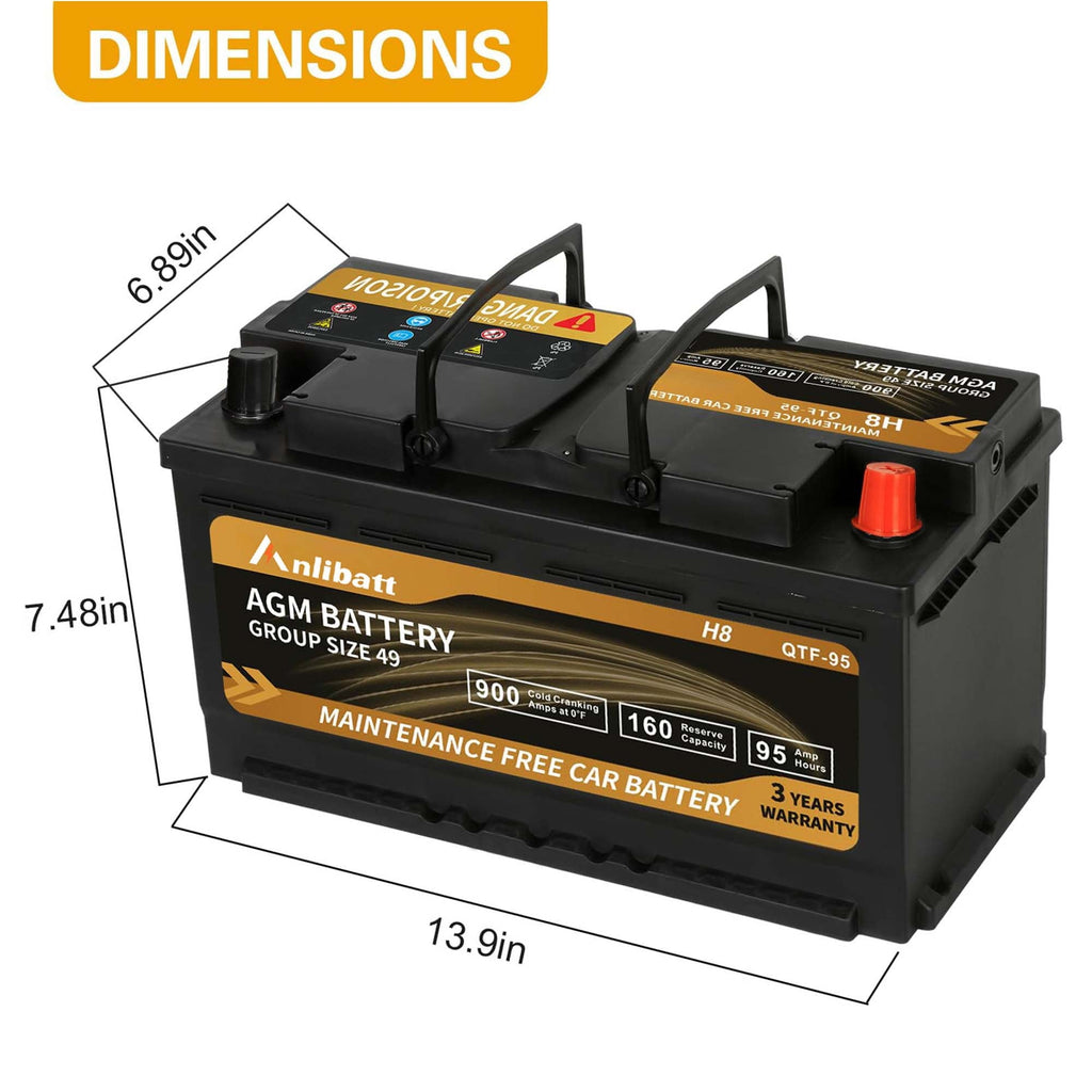 Anlibatt Platinum AGM Group 49 Battery, 12 Volt Rechargeable Automotive Batteries for Car, H8 900CCA 95Ah 160RC