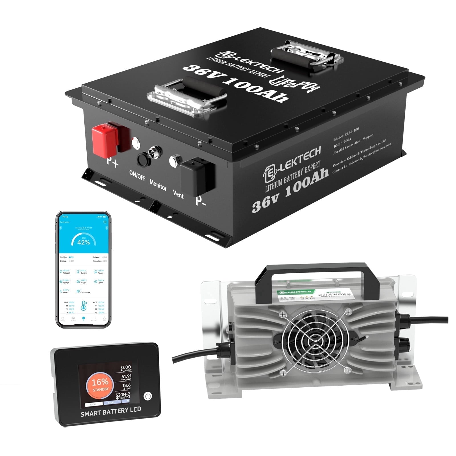 36V 100Ah Lithium Golf Cart Battery, with Touch Monitor & Mobile APP, 200A BMS, 3840Wh Energy, Perfect for Golf Carts, Solar