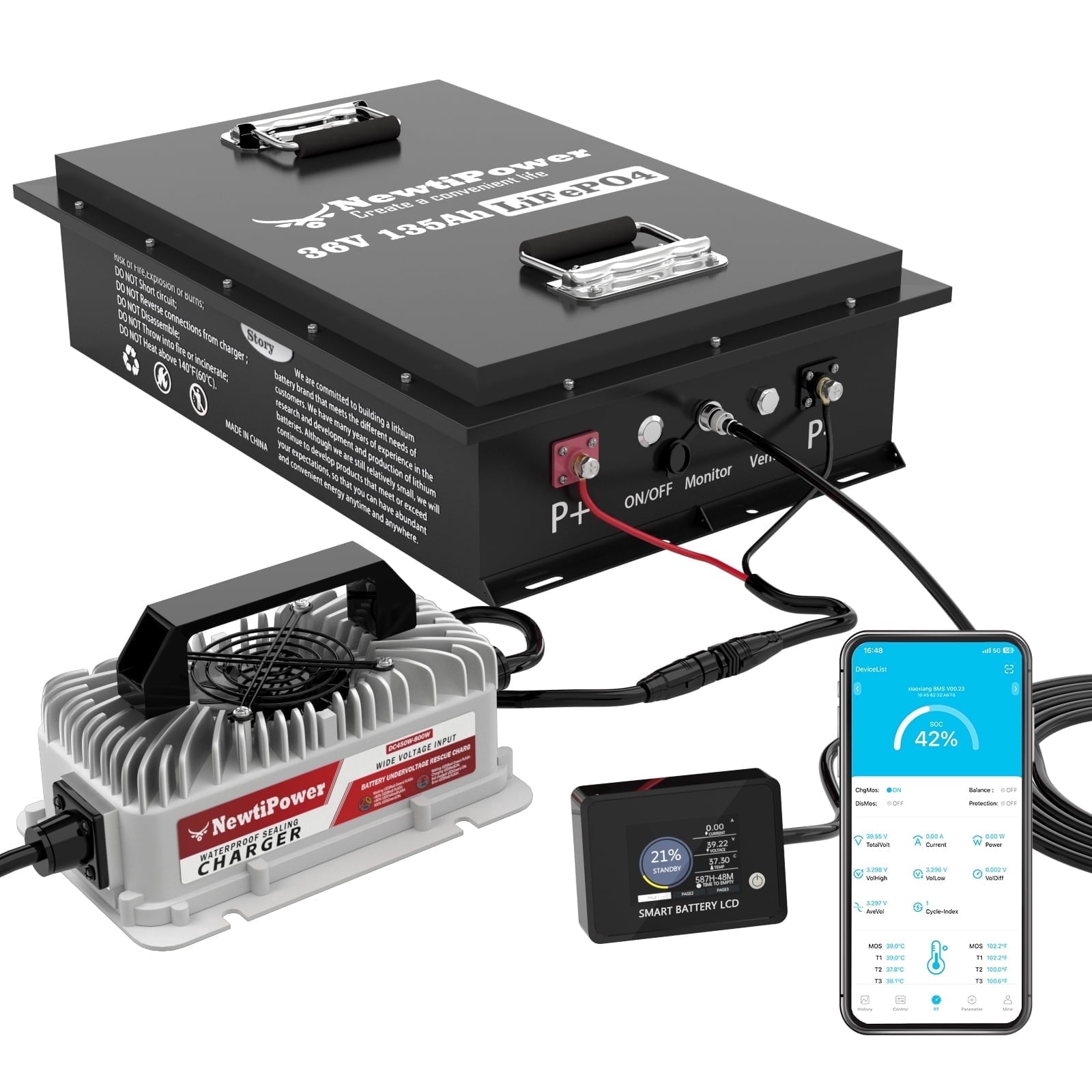 NewtiPower  36V 135Ah LiFepo4 Lithium Battery with 200A BMS&APP,  Top Post for Golf Cart