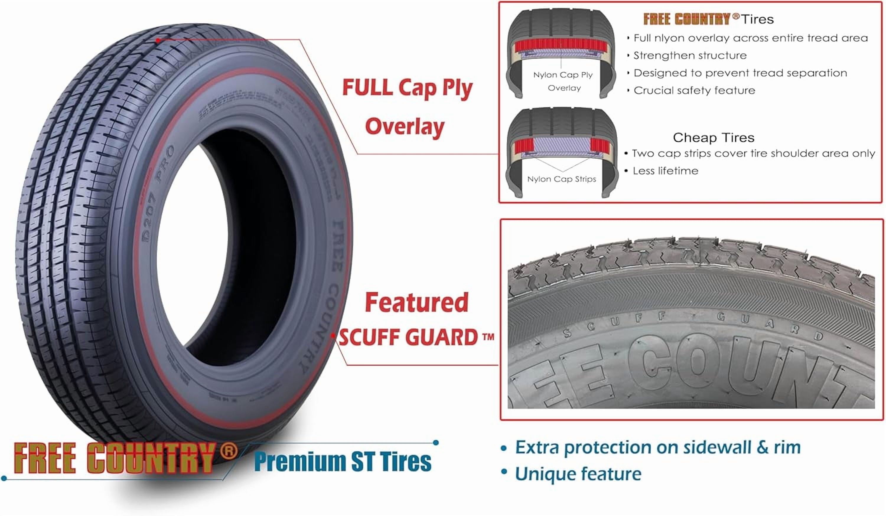 FREE COUNTRY New Premium Trailer Tires ST 205/75R14 / 8PR Load Range D Steel Belted w/Scuff Guard, Set 5