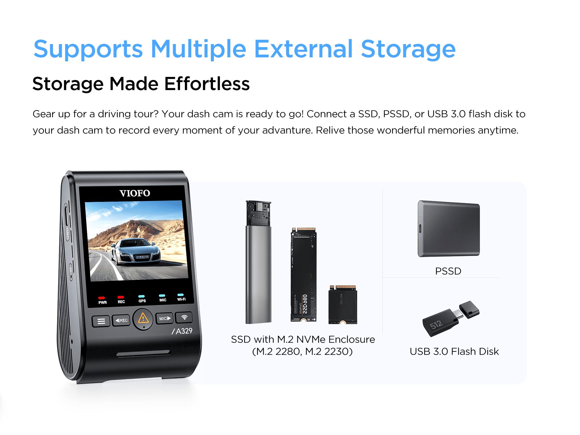 VIOFO A329 2CH First 4K 60FPS Front and 2K Rear Wi-Fi 6 Dash Cam HDR with Sony STARVIS 2 Sensors Support SSD Storage
