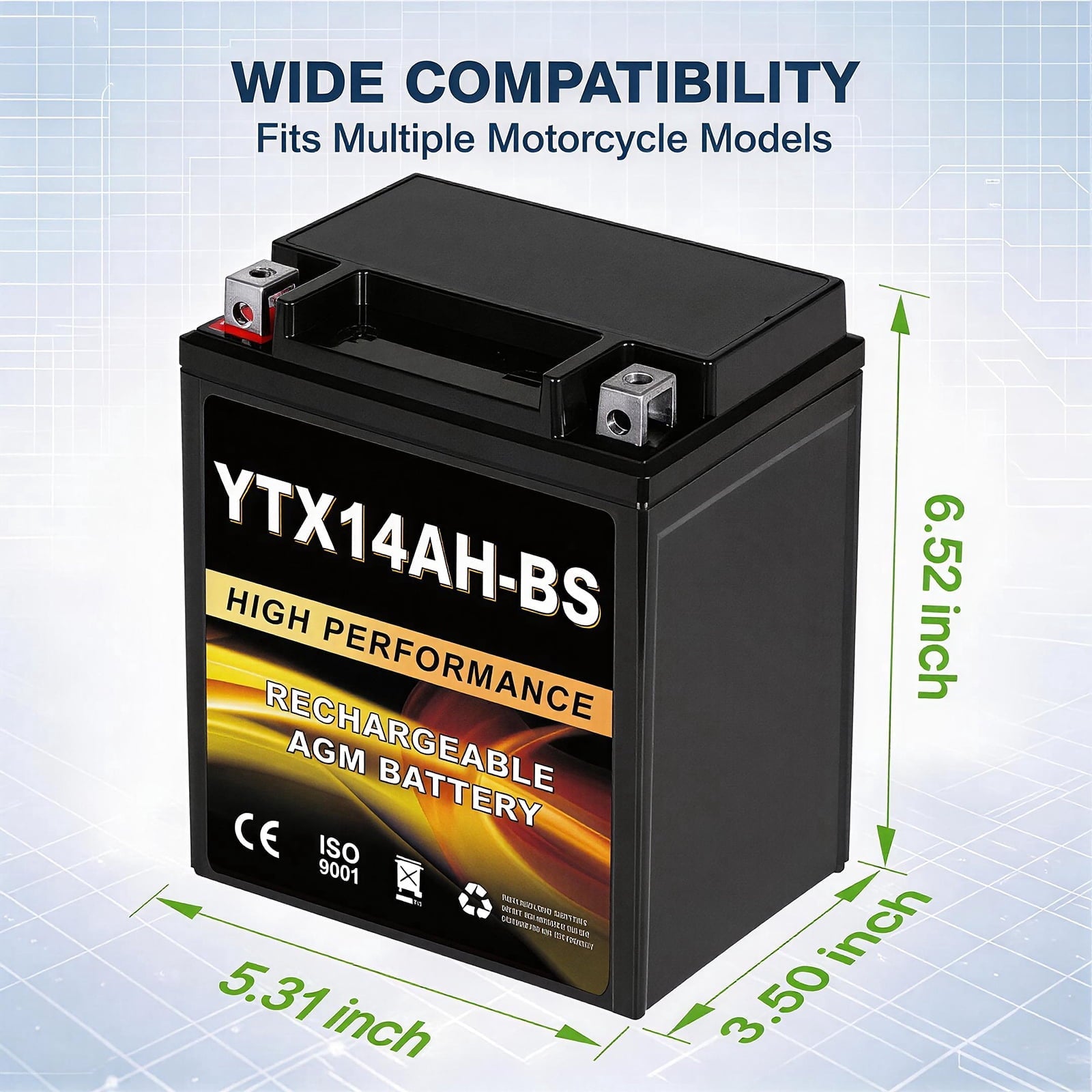 Anlibatt YTX14-BS Motorcycle Battery 12V 12Ah 200CCA Rechargeable Sealed Batteries Powersport Replacement for ATV, Scooter, Jet ski, Dirt Bike