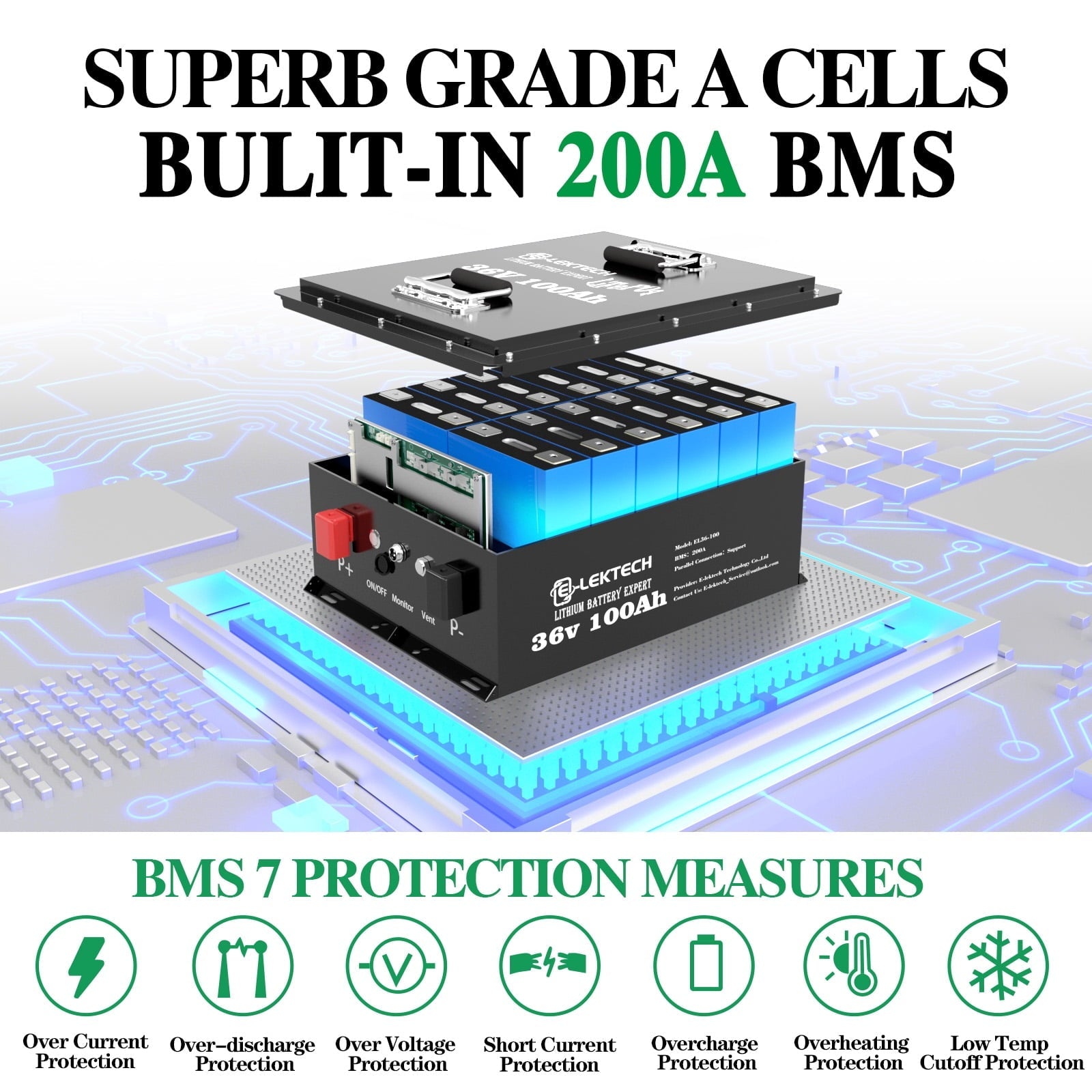 36V 100Ah Lithium Golf Cart Battery, with Touch Monitor & Mobile APP, 200A BMS, 3840Wh Energy, Perfect for Golf Carts, Solar