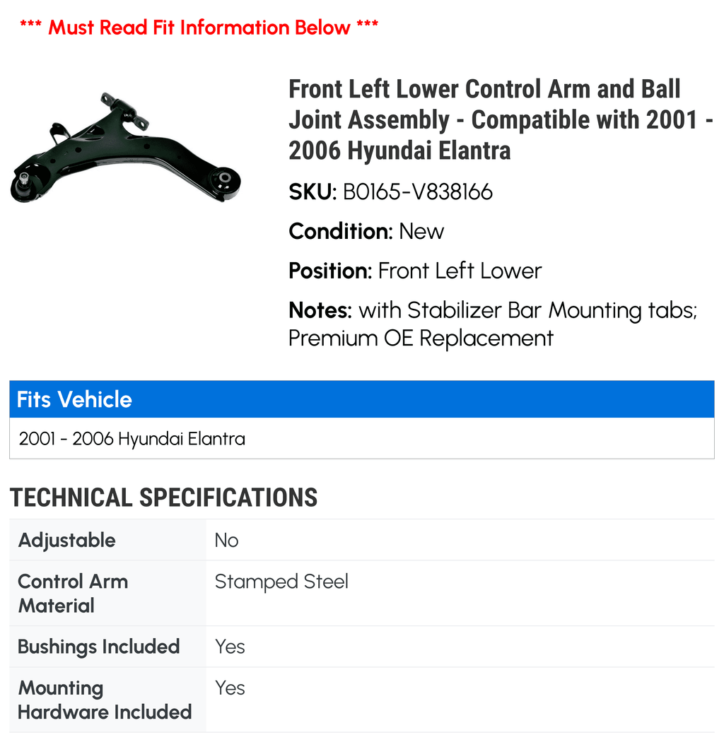 Front Left Lower Control Arm and Ball Joint Assembly - Compatible with 2001 - 2006 Hyundai Elantra 2002 2003 2004 2005